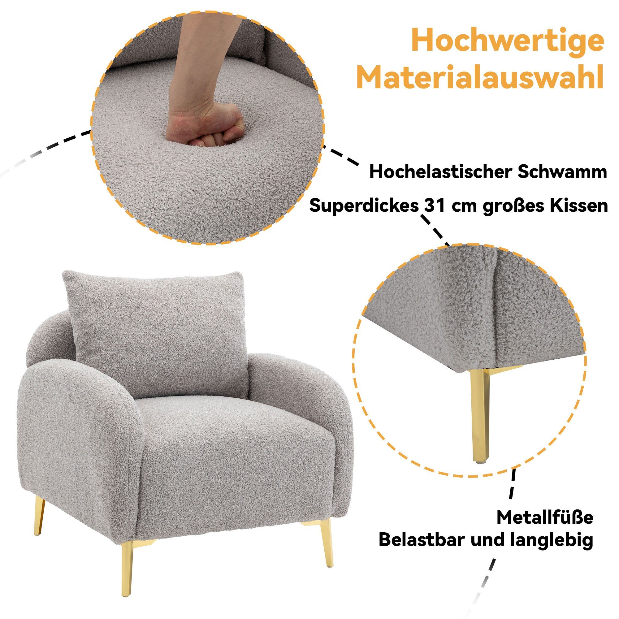 Metallbeine Loungesofa, mit Teddystoff, Rückenkissen, Relaxsessel goldenen Grau Sessel und Einzel Merax Loungesessel