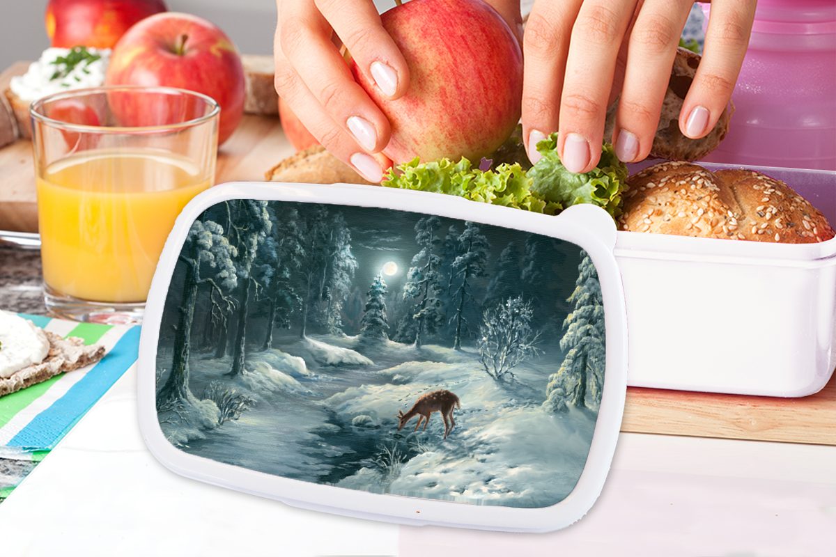 MuchoWow Lunchbox Hirsche - Wald für (2-tlg), Mädchen Brotbox Jungs Erwachsene, und Brotdose, Kinder - für Kunststoff, Schnee, und weiß