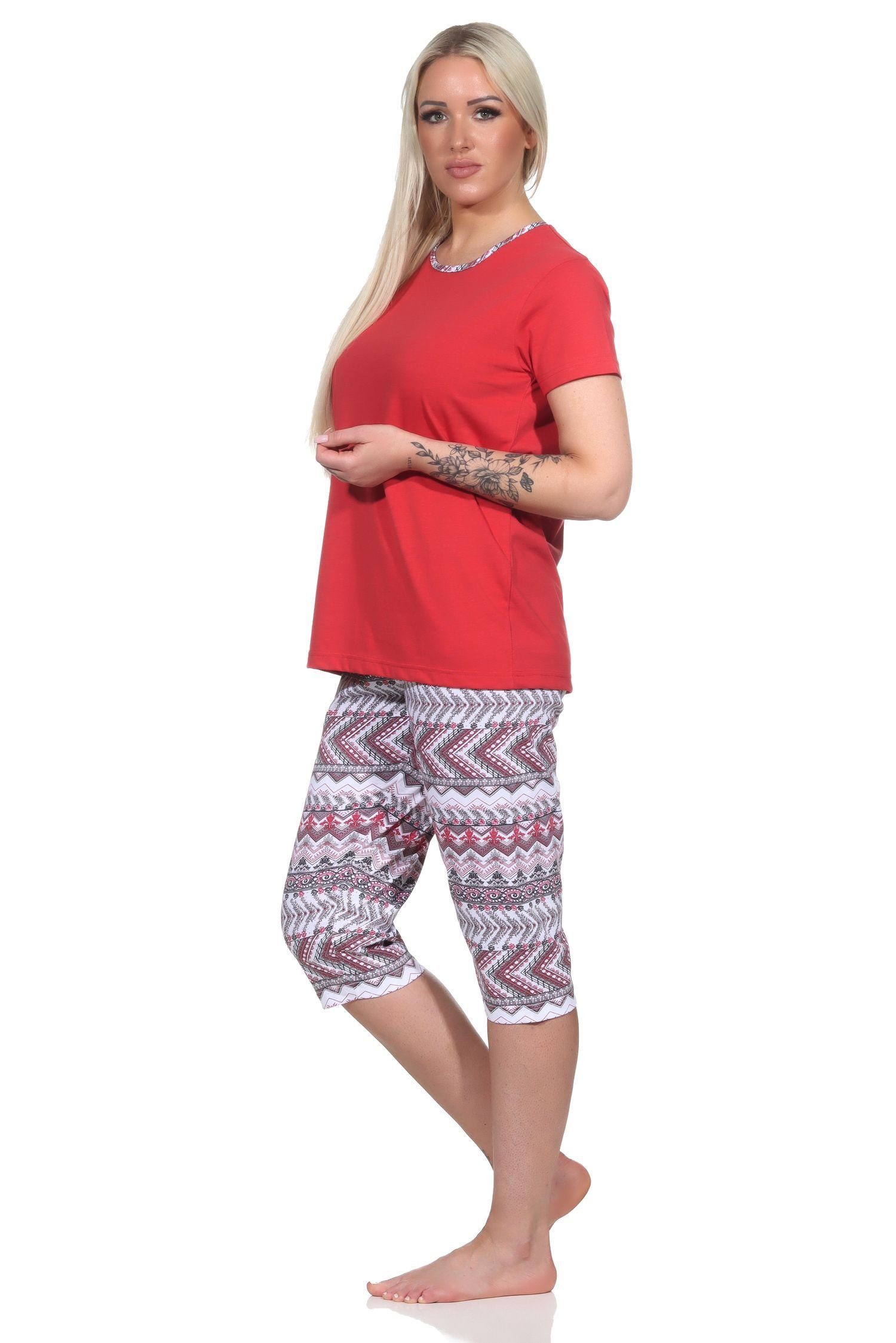 Pyjama Caprihose Normann im Schlafanzug mit Damen Ethnolook rot kurzarm