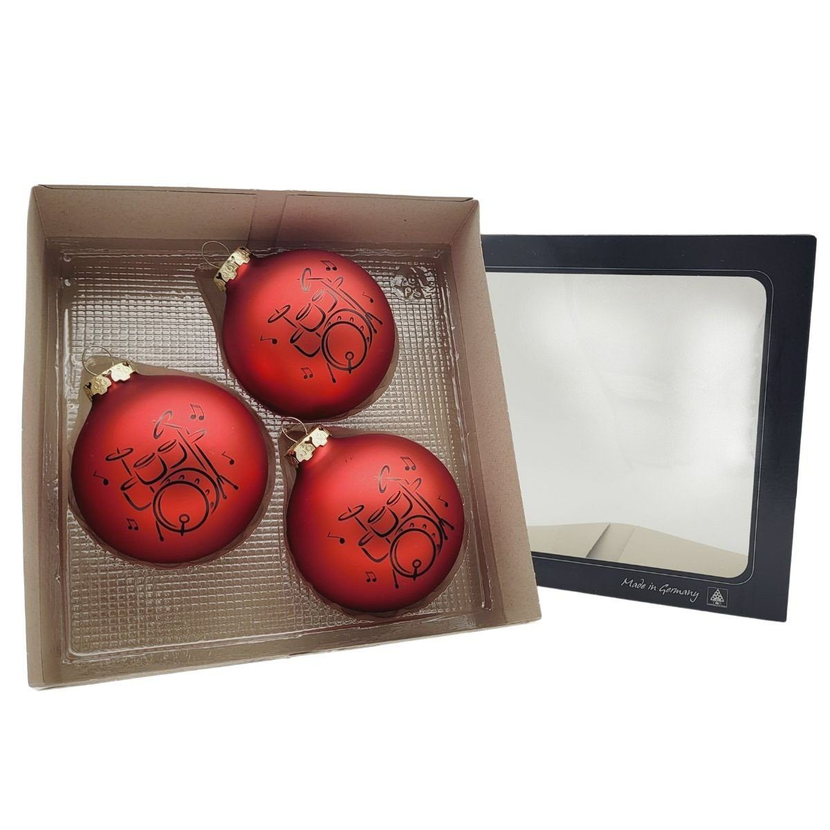 rot Musikboutique mit 3er-Set schwarzem Weihnachtsbaumkugel, aus Glas Schlagzeug-Druck, Farbe