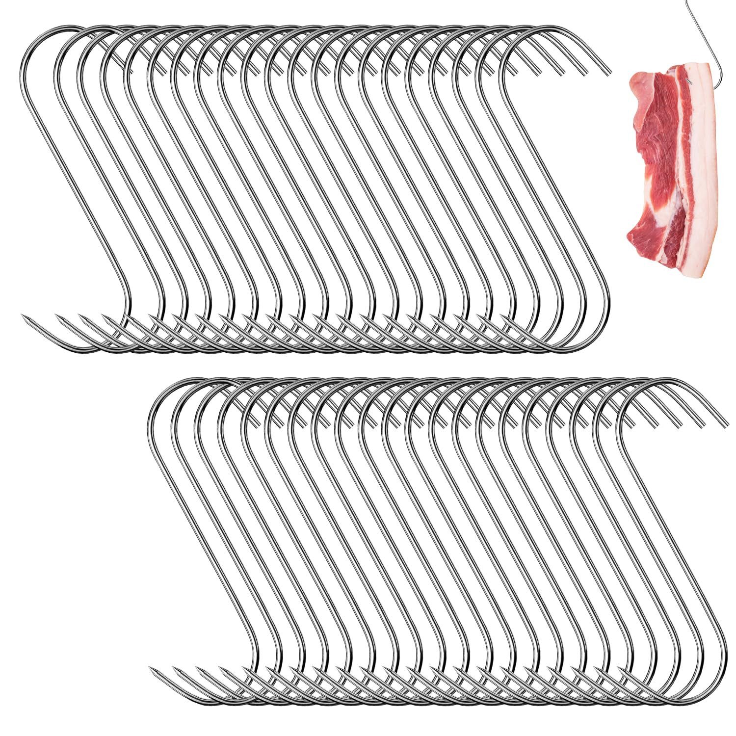 BlingBin S-Haken Fleischerhaken Edelstahl Grillhaken Räucherhaken, Hähnchen Rippen Räuchern Jagd, (1er Set, 40-St., 40tlg), Hängehaken Küchenhaken für Küche, Fleischverarbeitung (15cm)