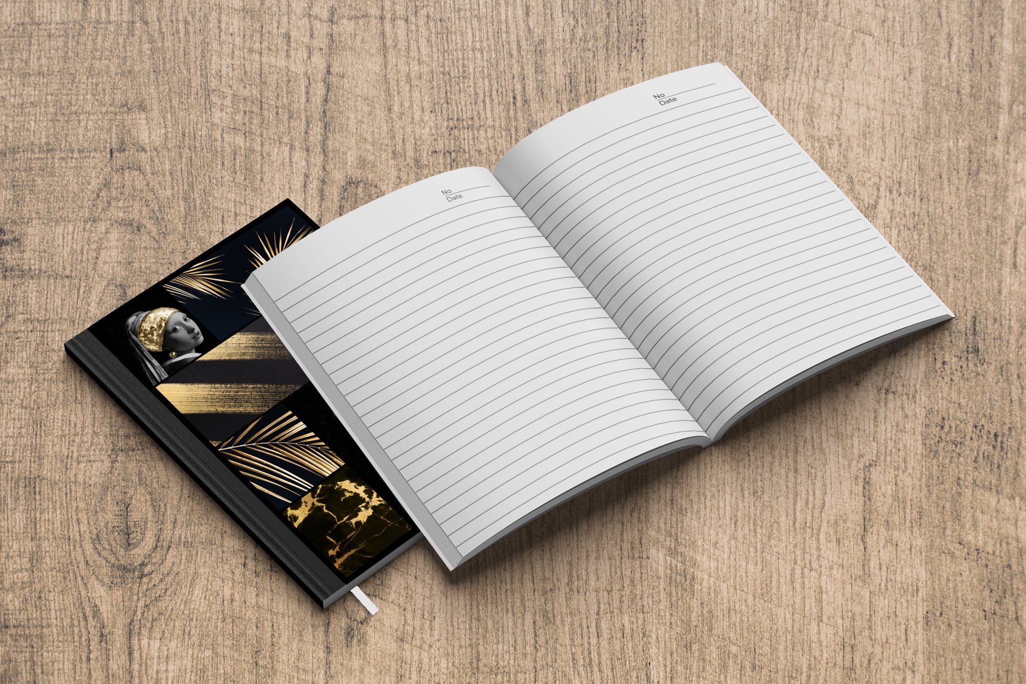 Perlenohrring, - Seiten, A5, mit Gold - Schwarz Merkzettel, Haushaltsbuch Mädchen 98 MuchoWow Collage Notizheft, Tagebuch, Journal, - Notizbuch