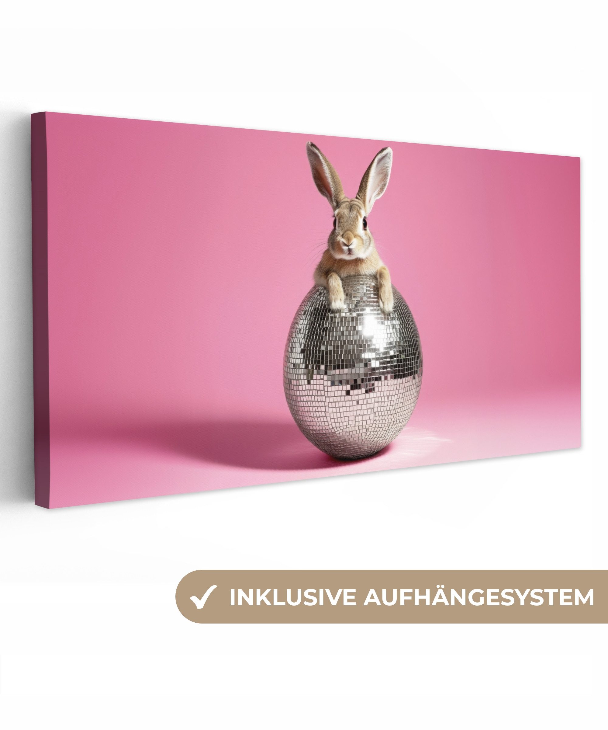OneMillionCanvasses® Leinwandbild Panorama Hase - Schleife -Diskokugel - Ostern Dekoration, Fotodruck (1 St), Wandbild, Deko Schlafzimmer Wohnzimmer Flur 40x20 cm