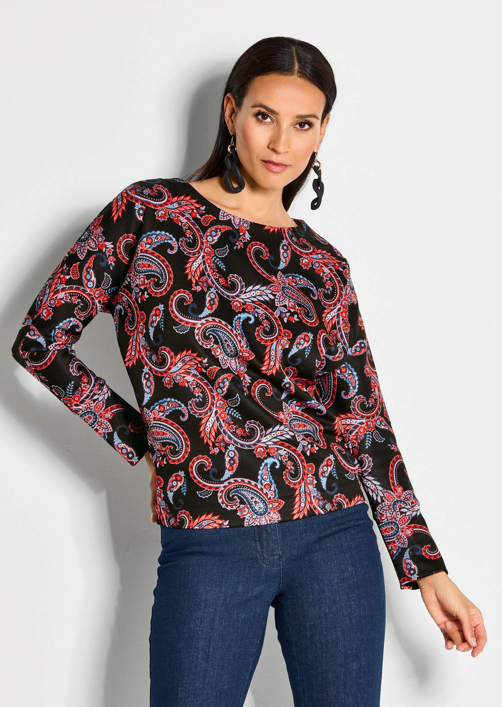 MADELEINE Langarmshirt Ethno-Sweatshirt mit Kimono-Ärmeln U-Boot-Ausschnitt, ethno Print, moderner Schnitt