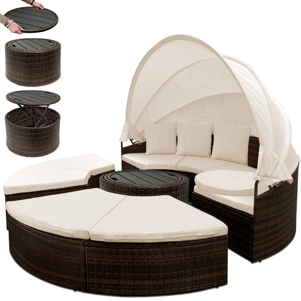 Casaria Sonneninsel Braun, 185cm Sonnenliege Polyrattan mit Tisch Wetterfest Kissen Gartenliege