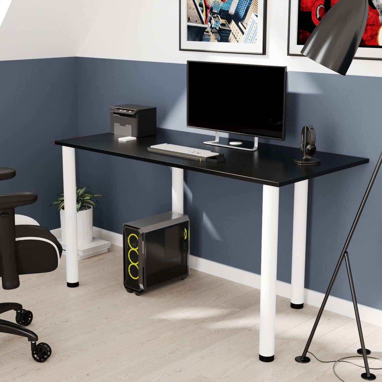 AKKE Schreibtisch, Schreibtisch und Kabeldurchführung Beinen Schwarz mit 2mm PVC weißen