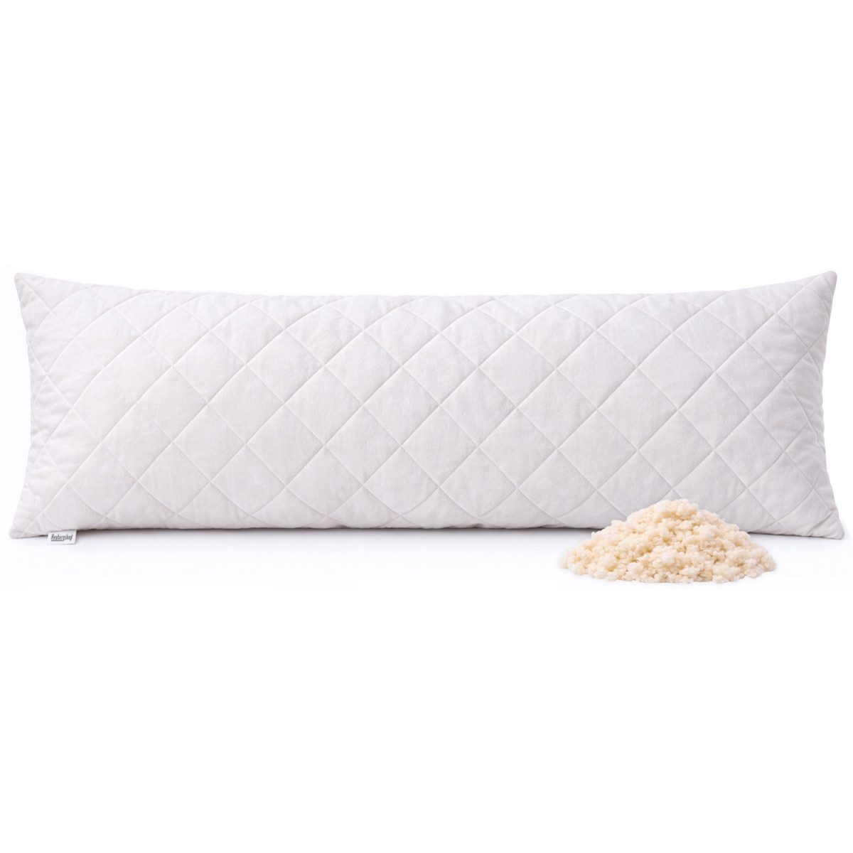 Heubergshop Naturfaserkissen, Füllung: Schafwolle, Bezug: 100% Baumwolle, Seitenschläfer, Seitenschläferkissen, 40x140cm - Gefüllt mit Schafwollkügelchen (Schurwolle 40x140 Weiß)