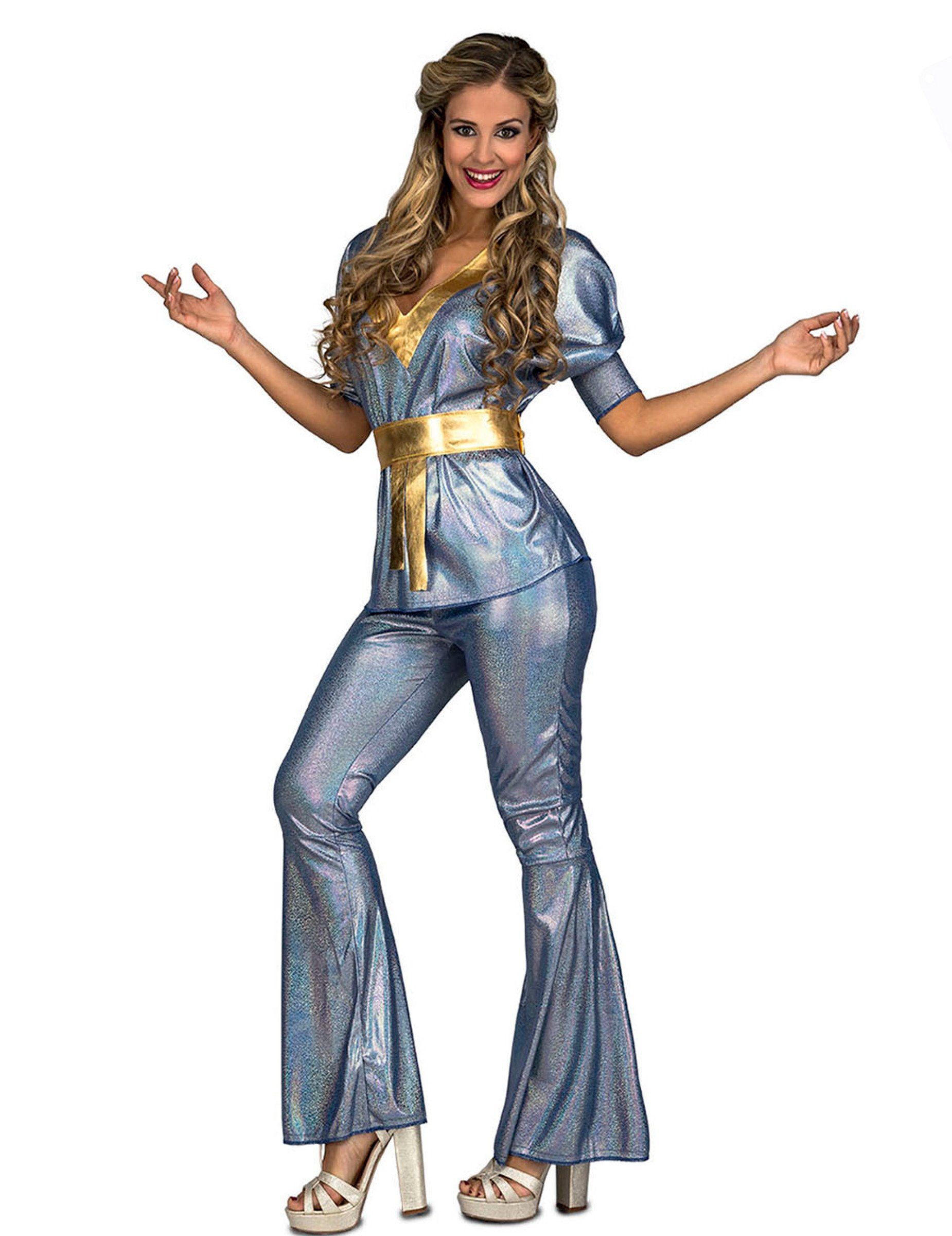 Viving Costumes Kostüm 70er Jahre Disco-Kostüm für Damen Faschingskostüm glänzend blau-gold