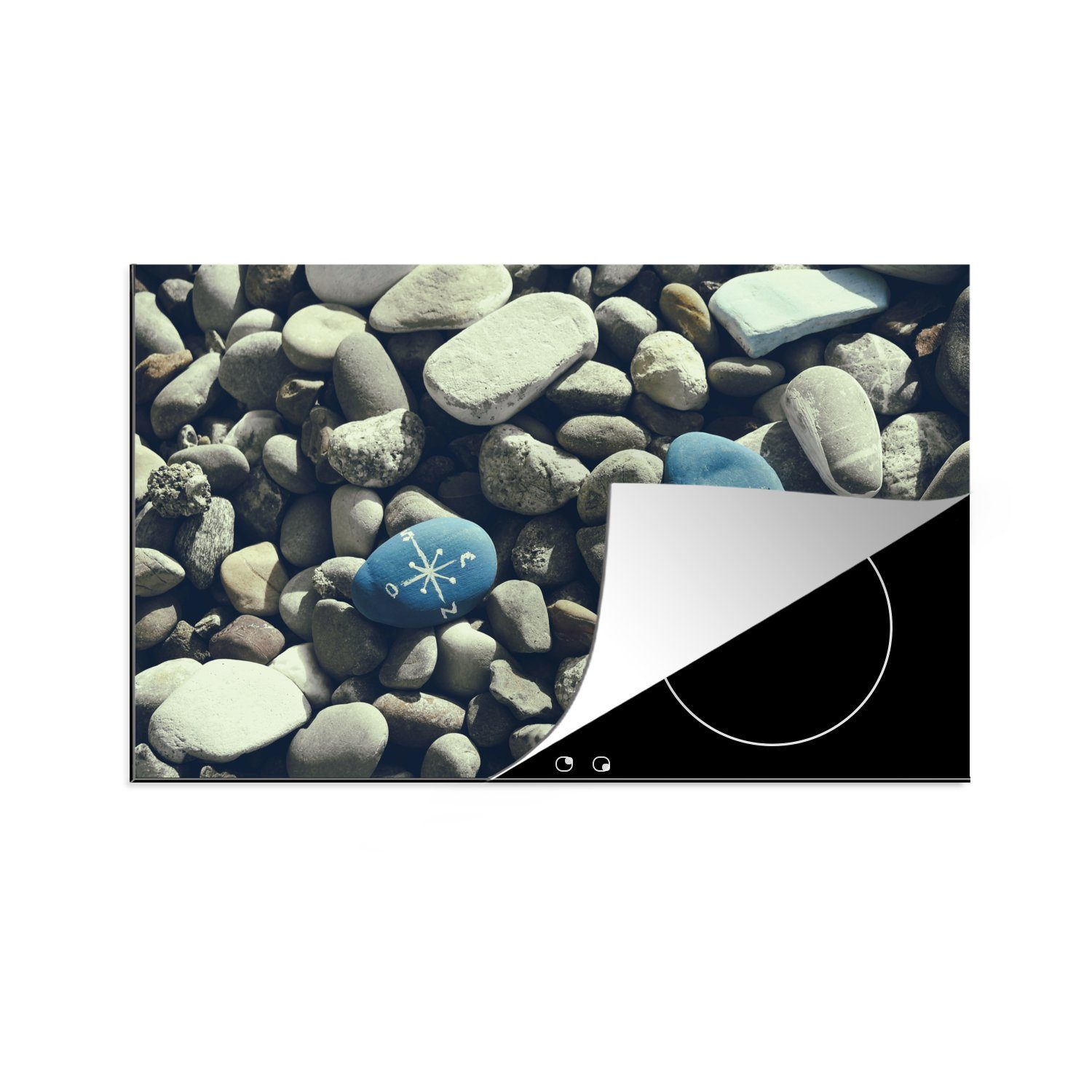 MuchoWow Herdblende-/Abdeckplatte Auf einen Stein gemalte Kompassrose, Vinyl, (1 tlg), 81x52 cm, Induktionskochfeld Schutz für die küche, Ceranfeldabdeckung