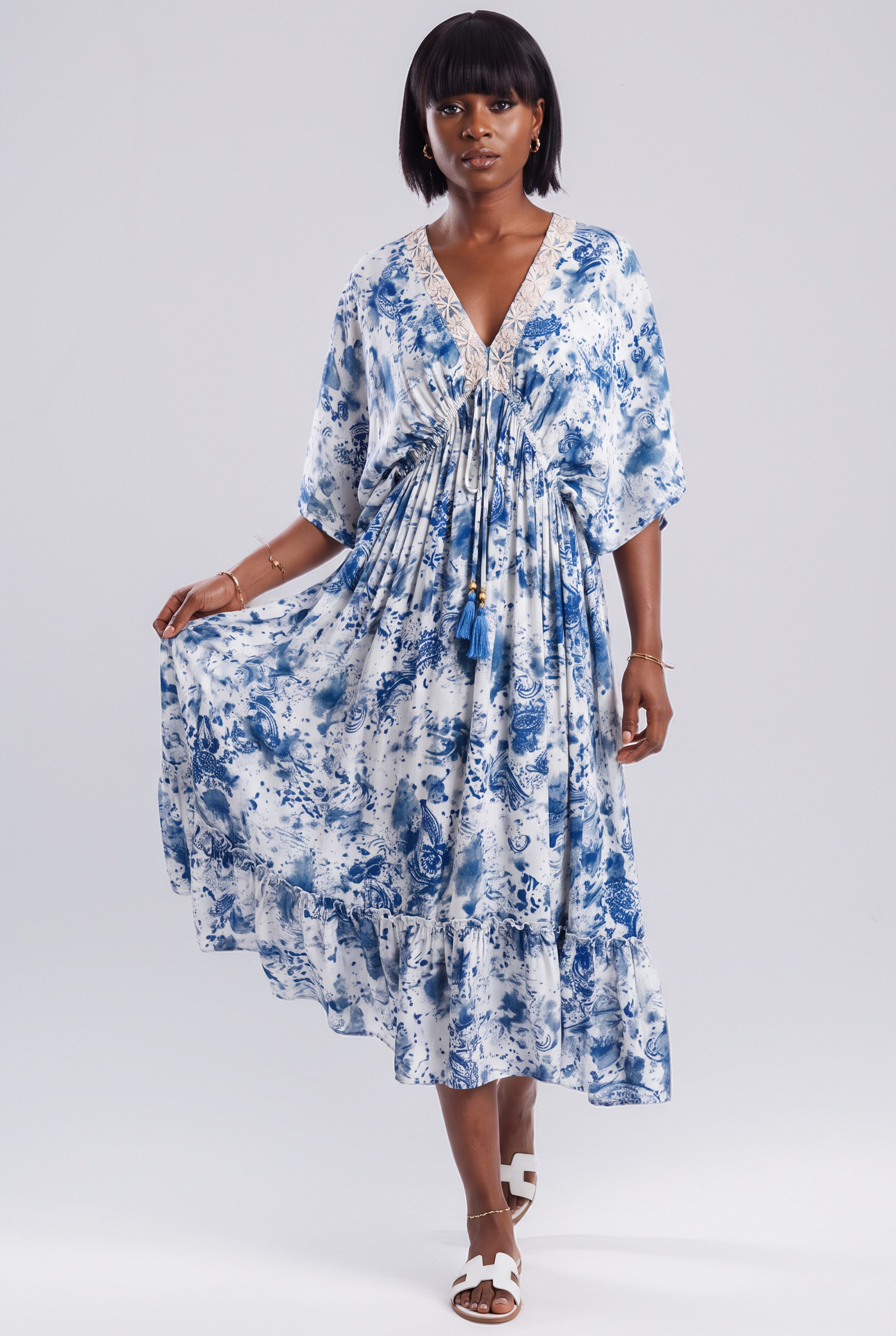 YC Fashion & Style Maxikleid Boho mit Stickerei & Quasten, 100 % Baumwolle, One Size mit Alloverdruck