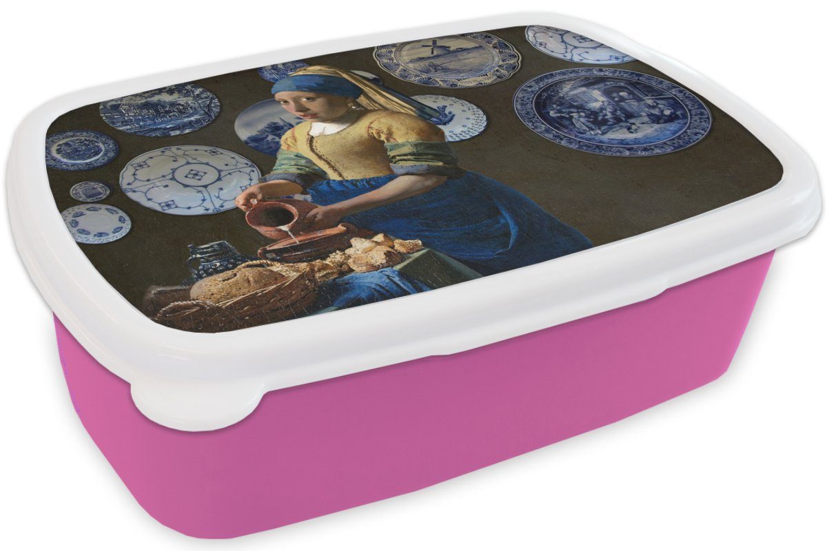 MuchoWow Lunchbox Snackbox, rosa Delfter Brotdose Brotbox (2-tlg), - Blau, Mädchen mit Kunststoff, Erwachsene, Kinder, Mädchen, Kunststoff für Perlenohrring - Milchmädchen