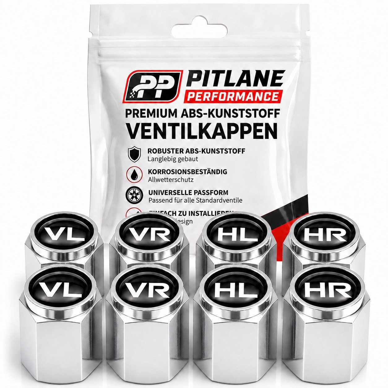 Pitlane Performance Ventilkappe Ventilkappen Auto mit Beschriftung 8 Stück, (Ventilkappen-Set, 8er-Set zur Reifenmarkierung), ABS-Ventilkappen mit integrierter Dichtung