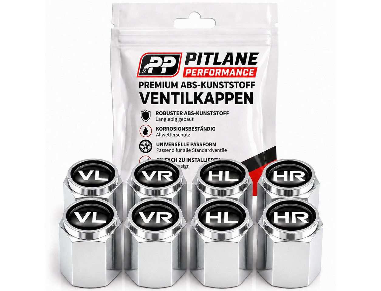 Pitlane Performance Ventilkappe Ventilkappen Auto mit Beschriftung 8 Stück, (Ventilkappen-Set, 8er-Set zur Reifenmarkierung), ABS-Ventilkappen mit integrierter Dichtung