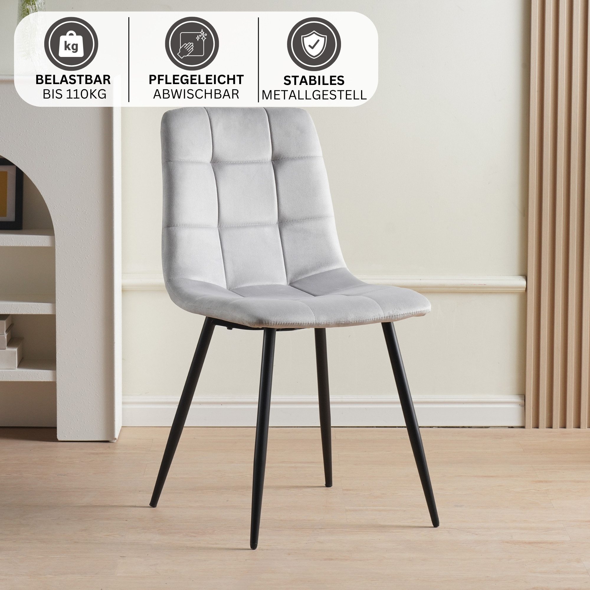 Albatros International Esszimmerstuhl Esszimmer Stühle 4 er Set BORA, Stuhl Stühle Esszimmerstühle, Küche (4er Set, Grau, Samt Bezug), Küchenstuhl Küchenstühle  – Bild 3 von 5