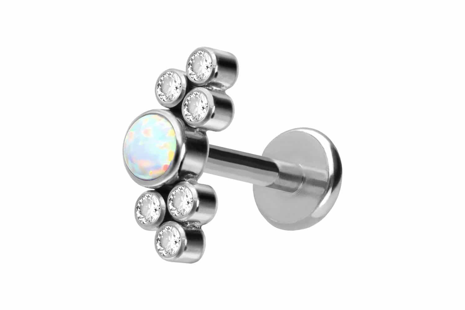 Piercing-Set Titan Labret mit Push Fit SYNTHETISCHER OPAL + 6 KRISTALLE