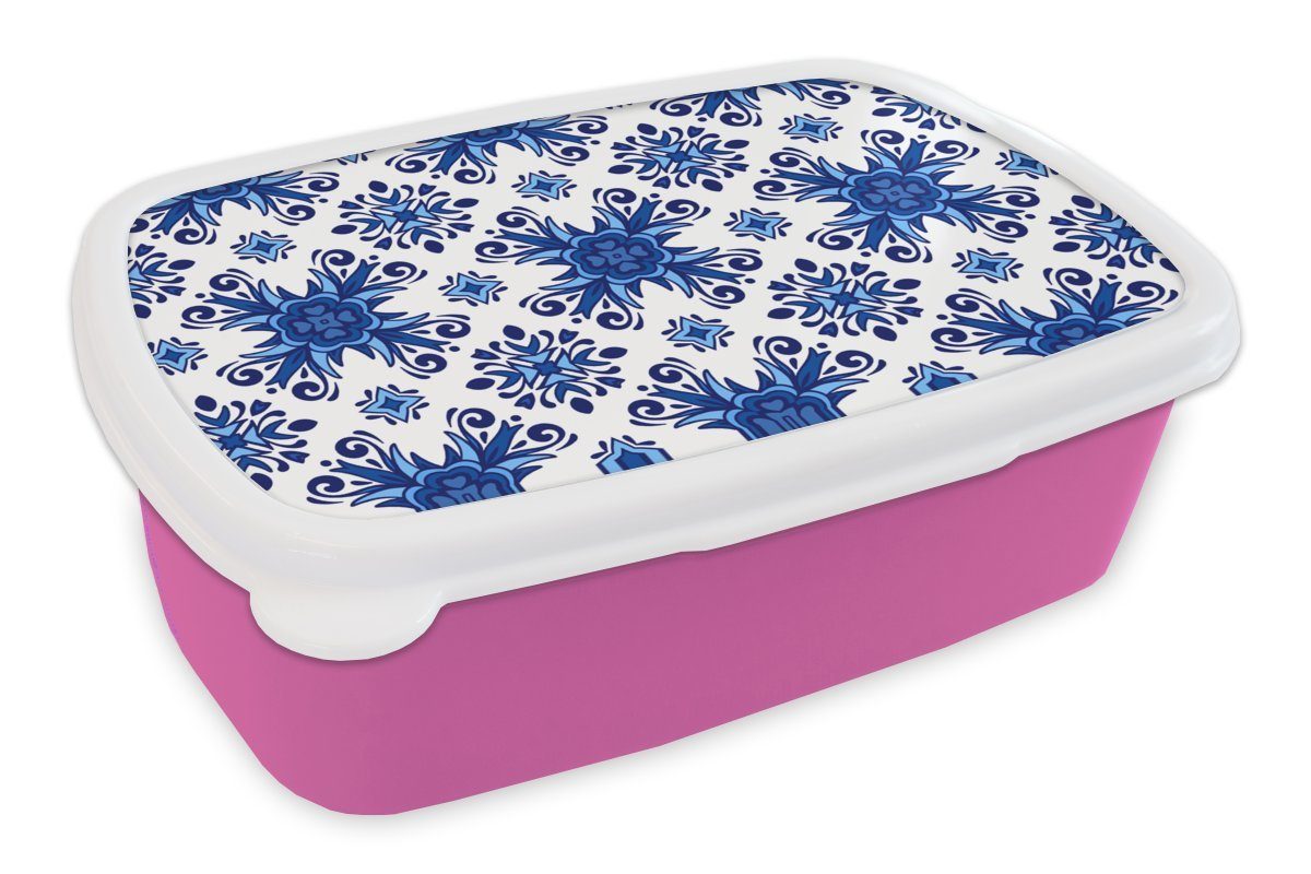 MuchoWow Lunchbox Fliese Snackbox, Kunststoff Muster, - - Blau Kinder, Erwachsene, Kunststoff, rosa Brotbox für Brotdose Blume (2-tlg), - Mädchen