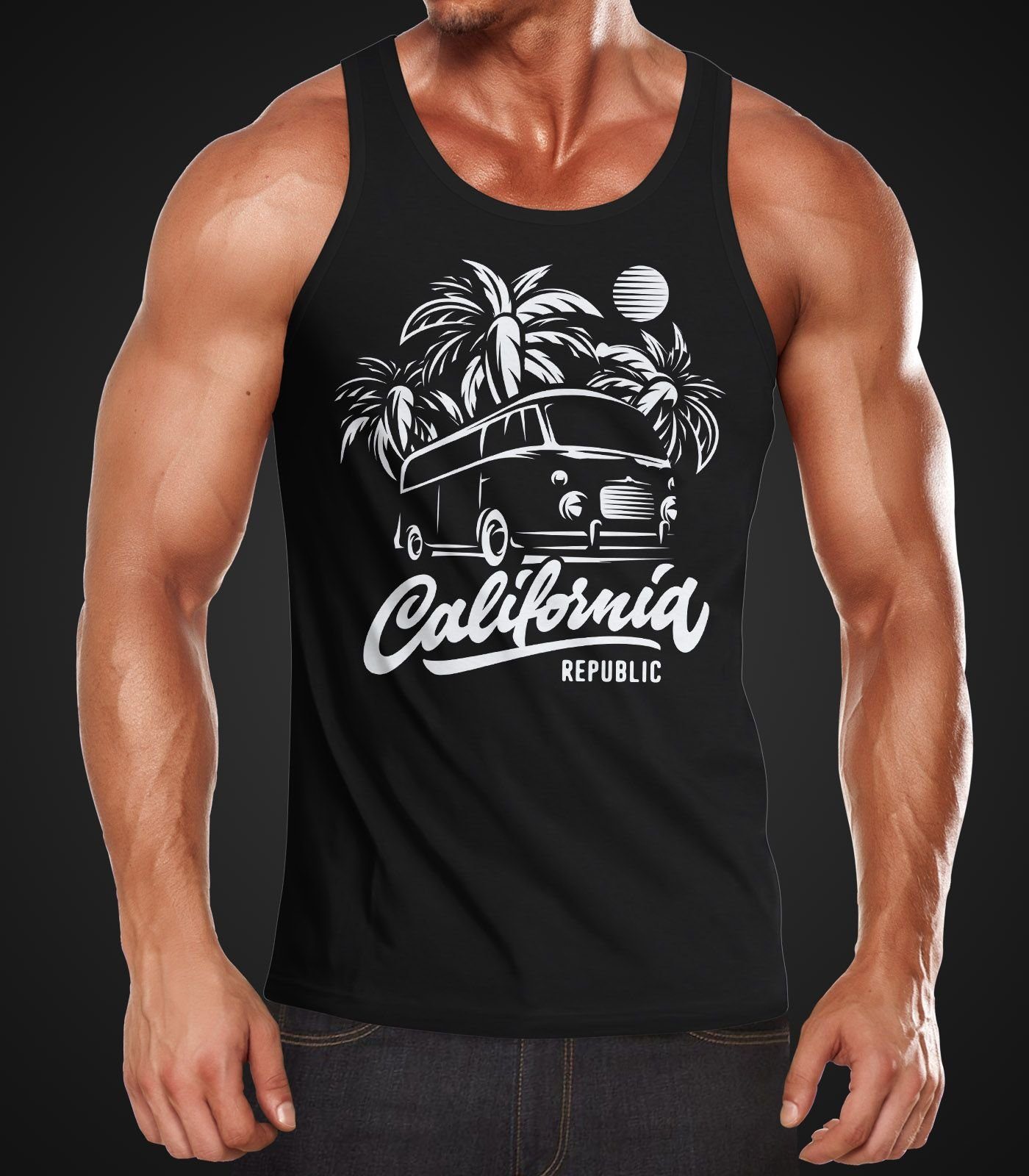 Bus Print Tank-Top Neverless® Urlaub Tanktop Palmen schwarz mit California Abenteuer Neverless Surf Retro Herren