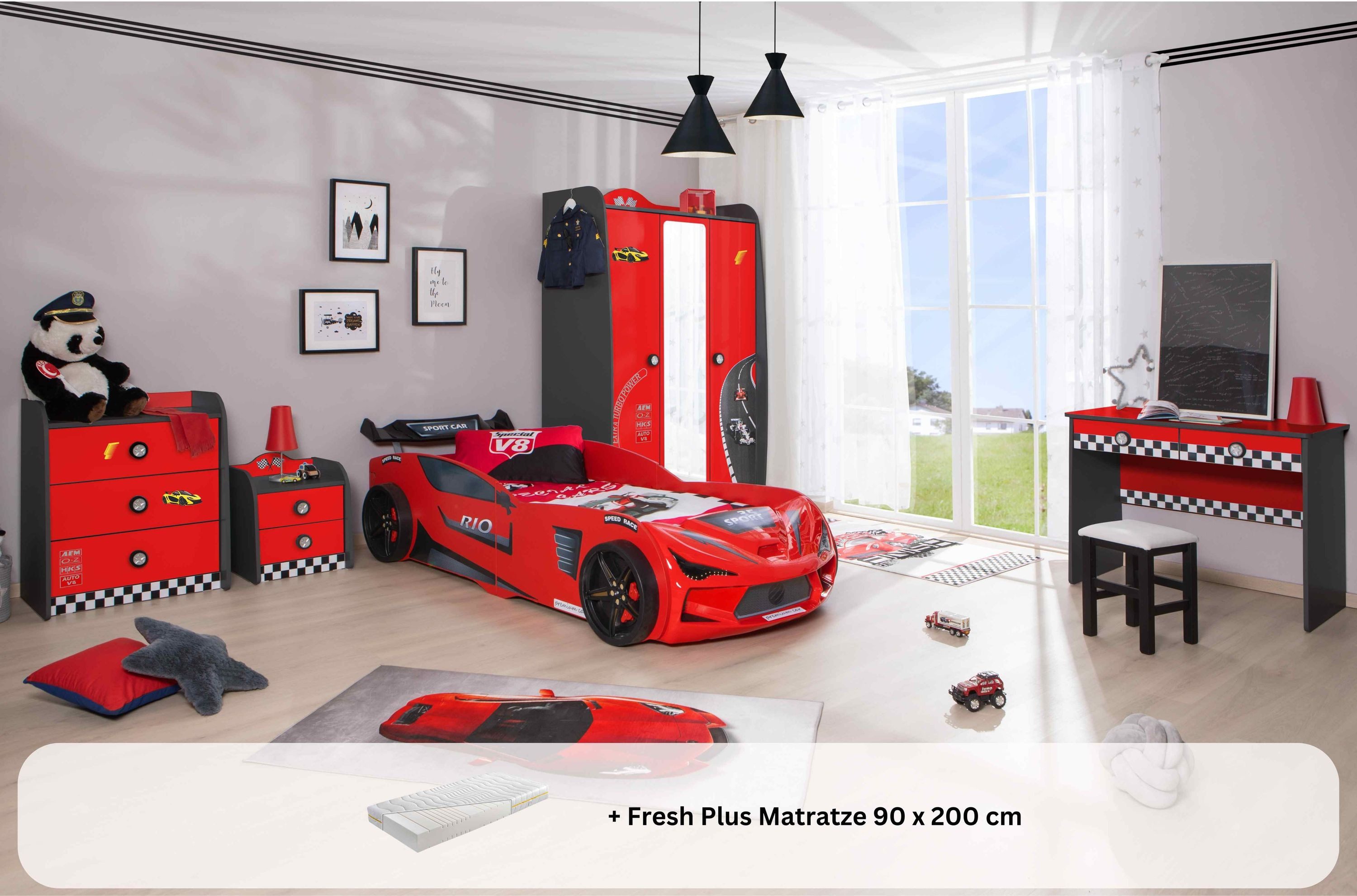 Aileenstore Jugendzimmer-Set Rio, (5-tlg., 5 teilig), Komplettset 5 teilig mit Autobett Rio, LED, Spoiler, Softclose