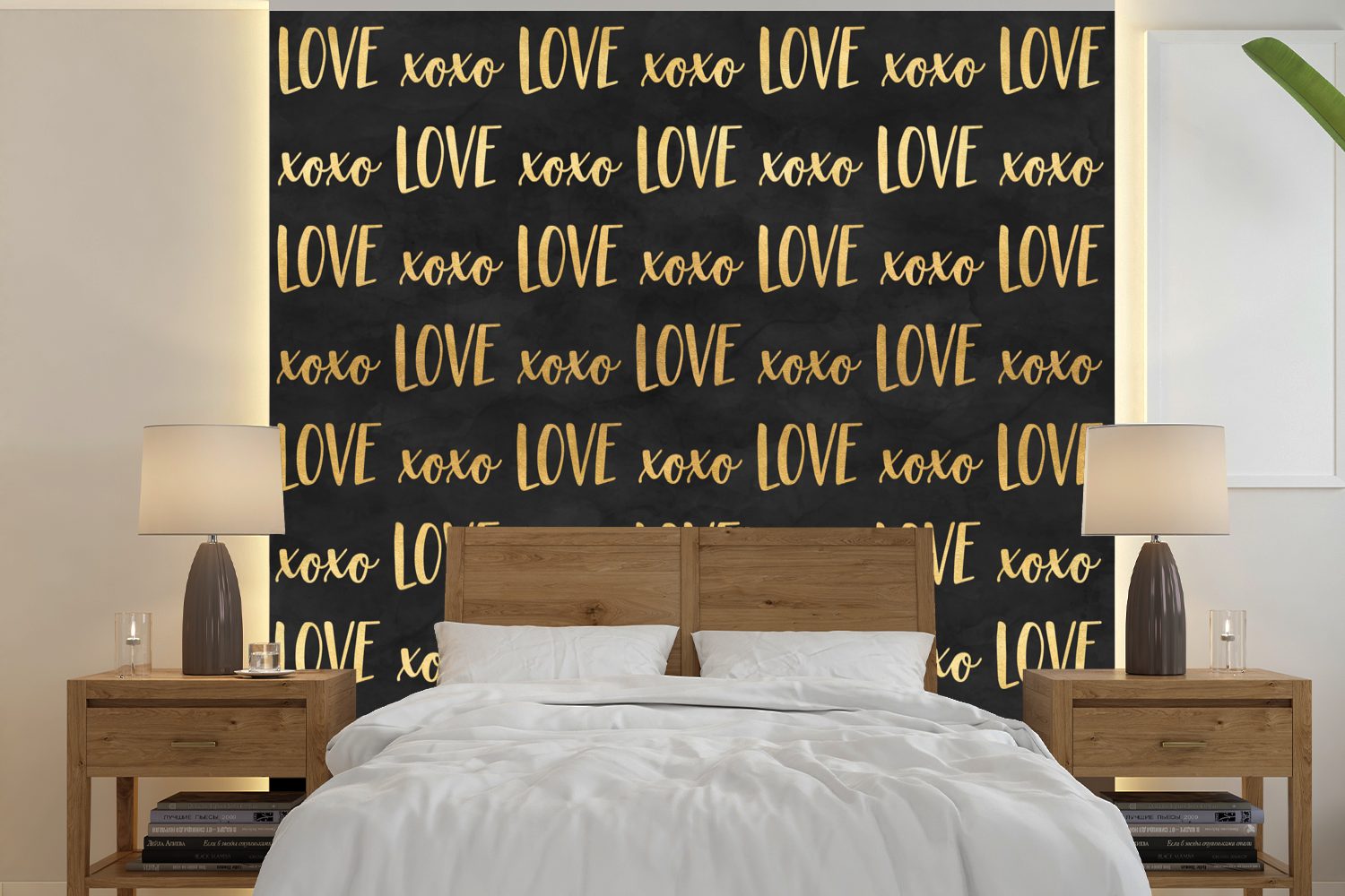 MuchoWow Fototapete Muster - Liebe Wohnzimmer für - (5 St), Schwarz, oder Vinyl Schlafzimmer, Matt, - bedruckt, Tapete Gold Wandtapete