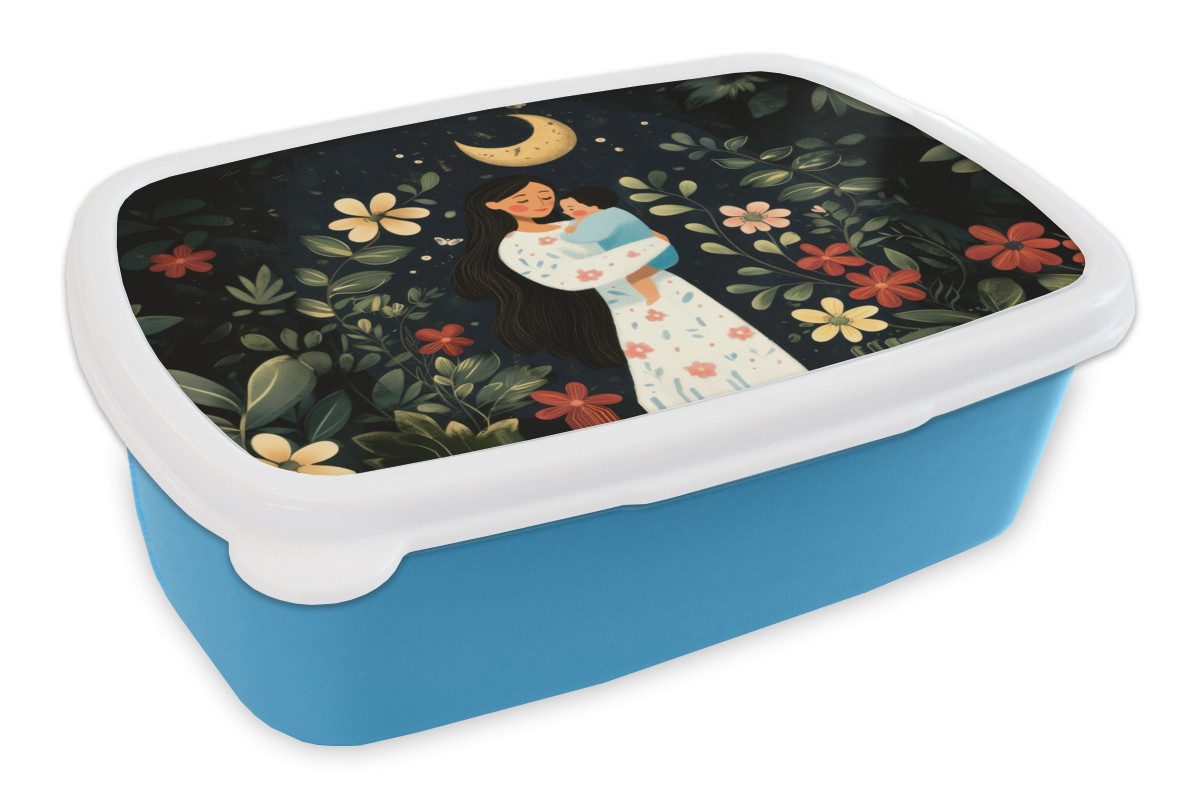 MuchoWow Lunchbox Mutter - Kind - Bunt - Blumen, Kunststoff, (2-tlg), Brotdose, Lunchbox, Brotbox für Kinder und Erwachsene