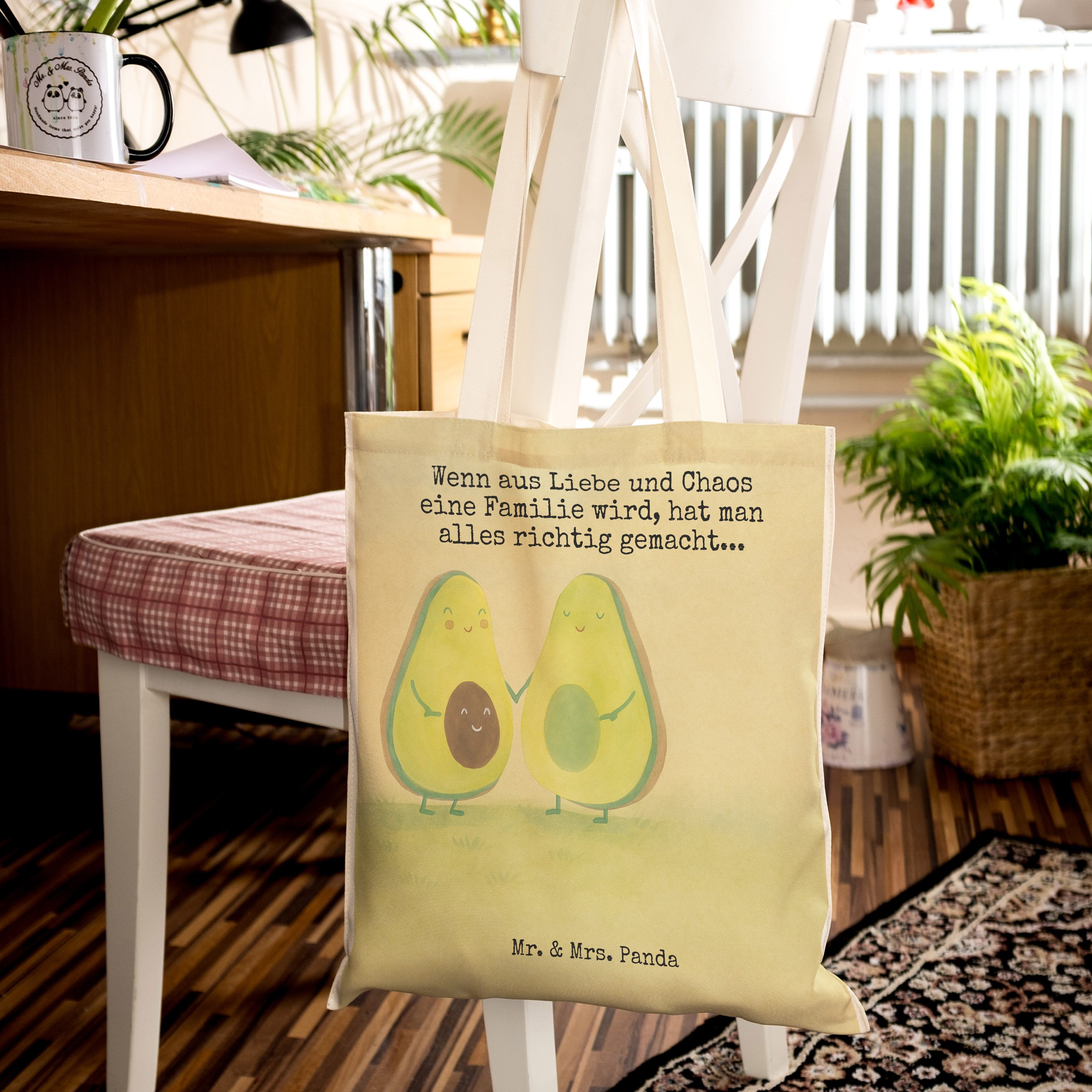 Mr. & Mrs. Panda Tragetasche Avocado Pärchen Design, Tote Bag, Weiß, Frucht, Einkaufstasche, Famil (Packung), Stoffbeutel Tragetasche Bedruckt shopping bag