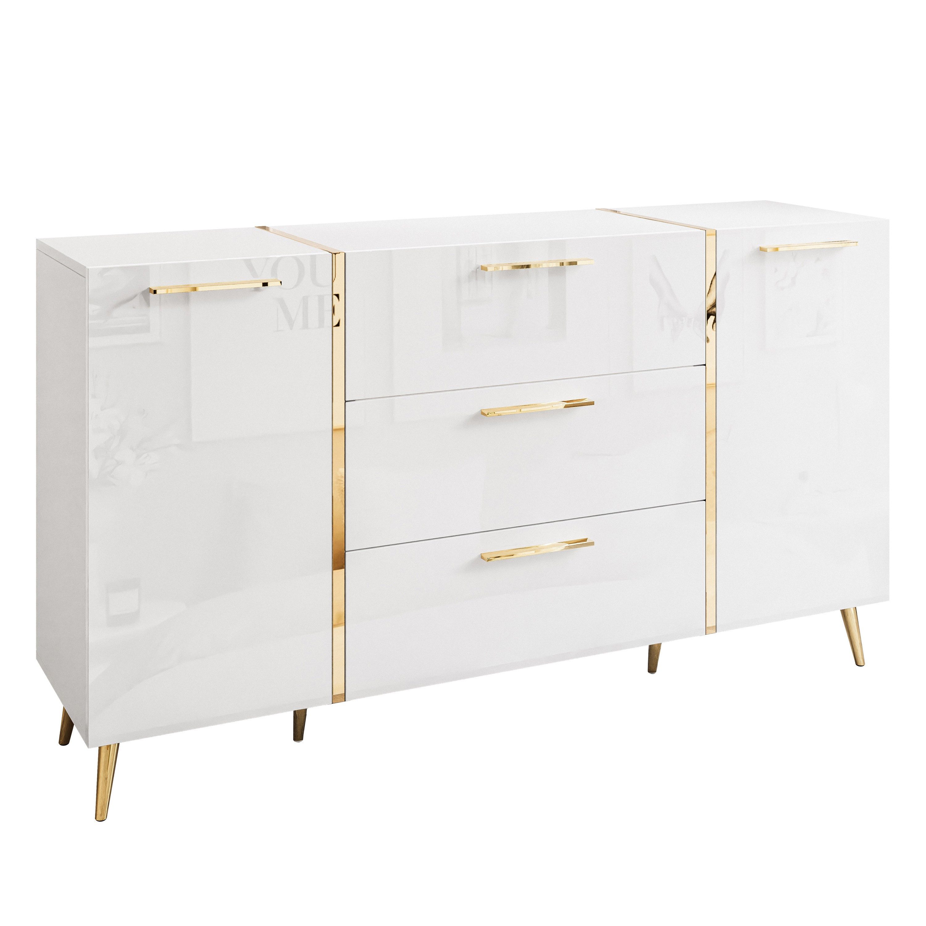 Lookway Kommode ONYX goldene Beine Hochglanz Push-Open / Goldgriffe 158 cm, 158x41x88 cm