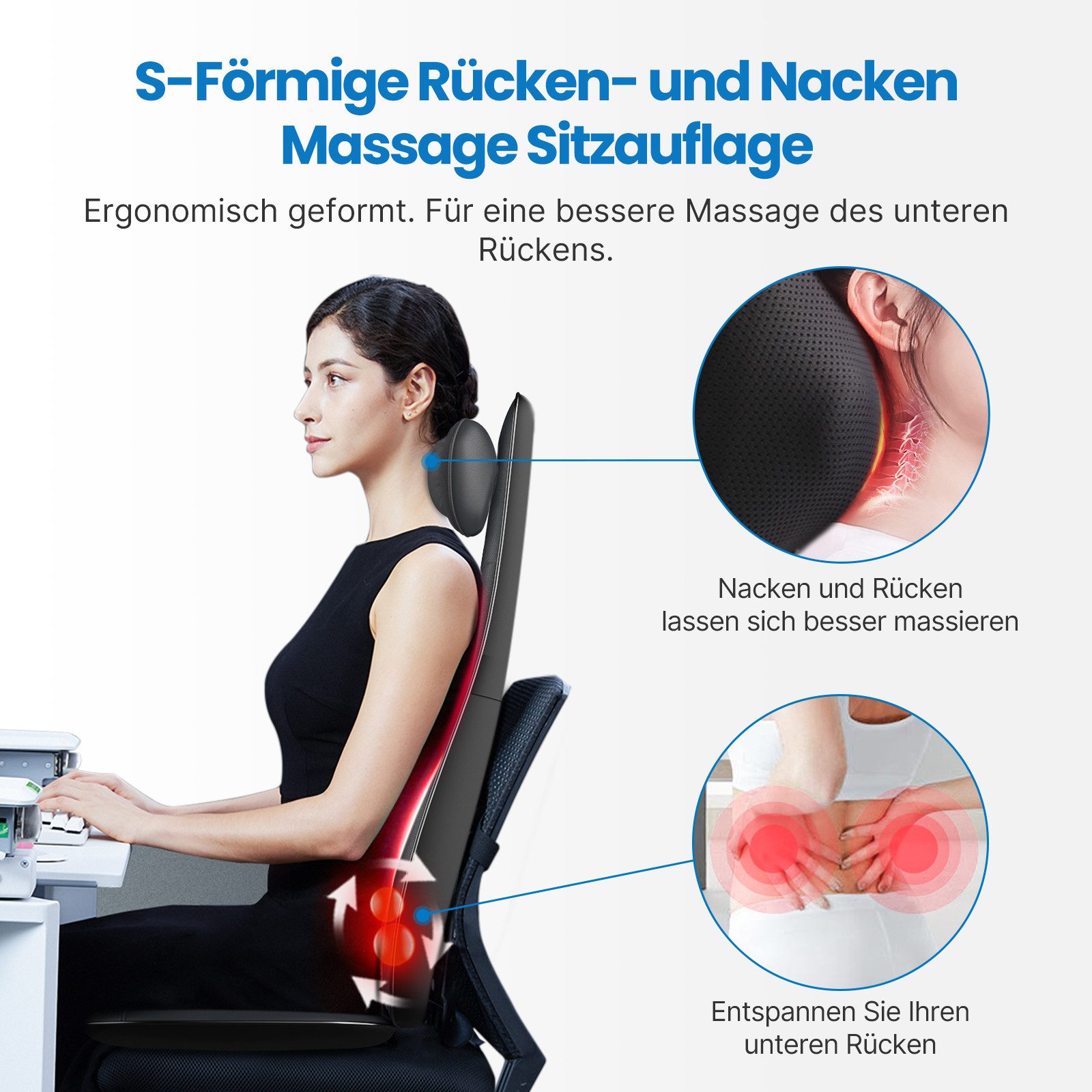 RENPHO Shiatsu-Massagesitzauflage Neck & Back Massager Cushion S BM076, für Tiefenentspannung des Nackens & Rückens -- Wärme & Vibration