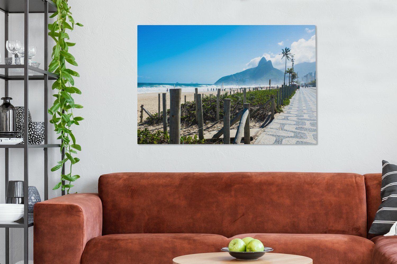 (1 Ipanema Strand einem Südamerika von Tag, Gemälde, OneMillionCanvasses® Leinwandbild für den großes, Wohnbereiche, alle XXL, Blick in Wandbild auf 120x80 cm St), an sonnigen