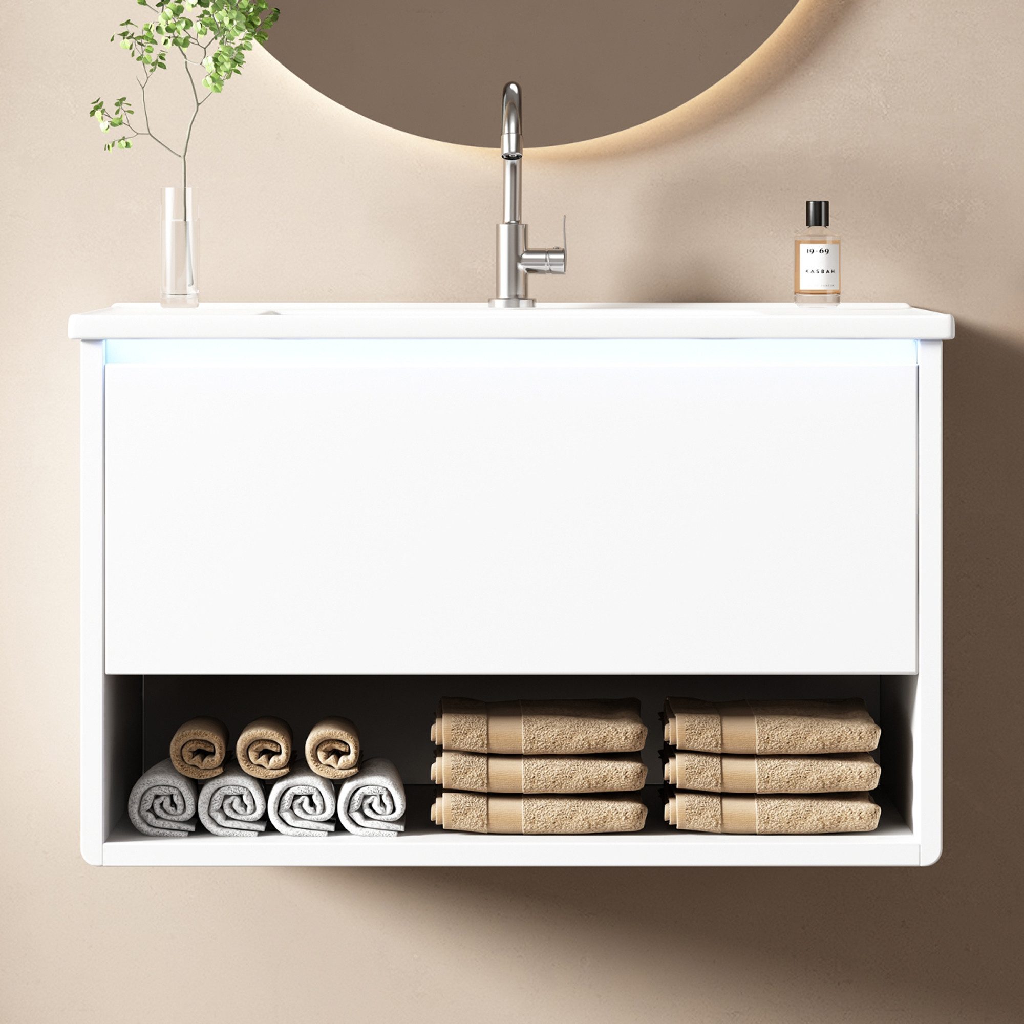 Flieks Waschtisch mit LED-Radarsensor Waschbeckenunterschrank inkl. Waschbecken (B76,5/T46/H45 cm, Volllackierung, 1-St., wandhängend, Badschrank mit Led-Beleuchtung Waschplatz Badzimmer), Badmöbel-Set mit Schubladen und Fächer Badezimmerschrank Weiß