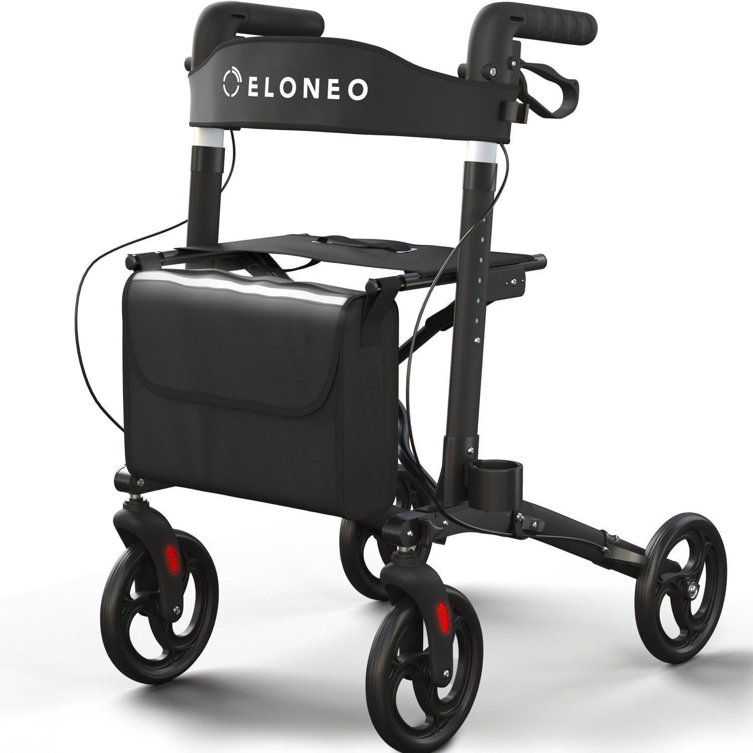 ELONEO Rollator leicht und faltbar mit Sitz, Gehhilfe 8-fach höhenverstellbar, Komfort-Sitz mit Stockhalter, Einkaufstasche & Rückengurt