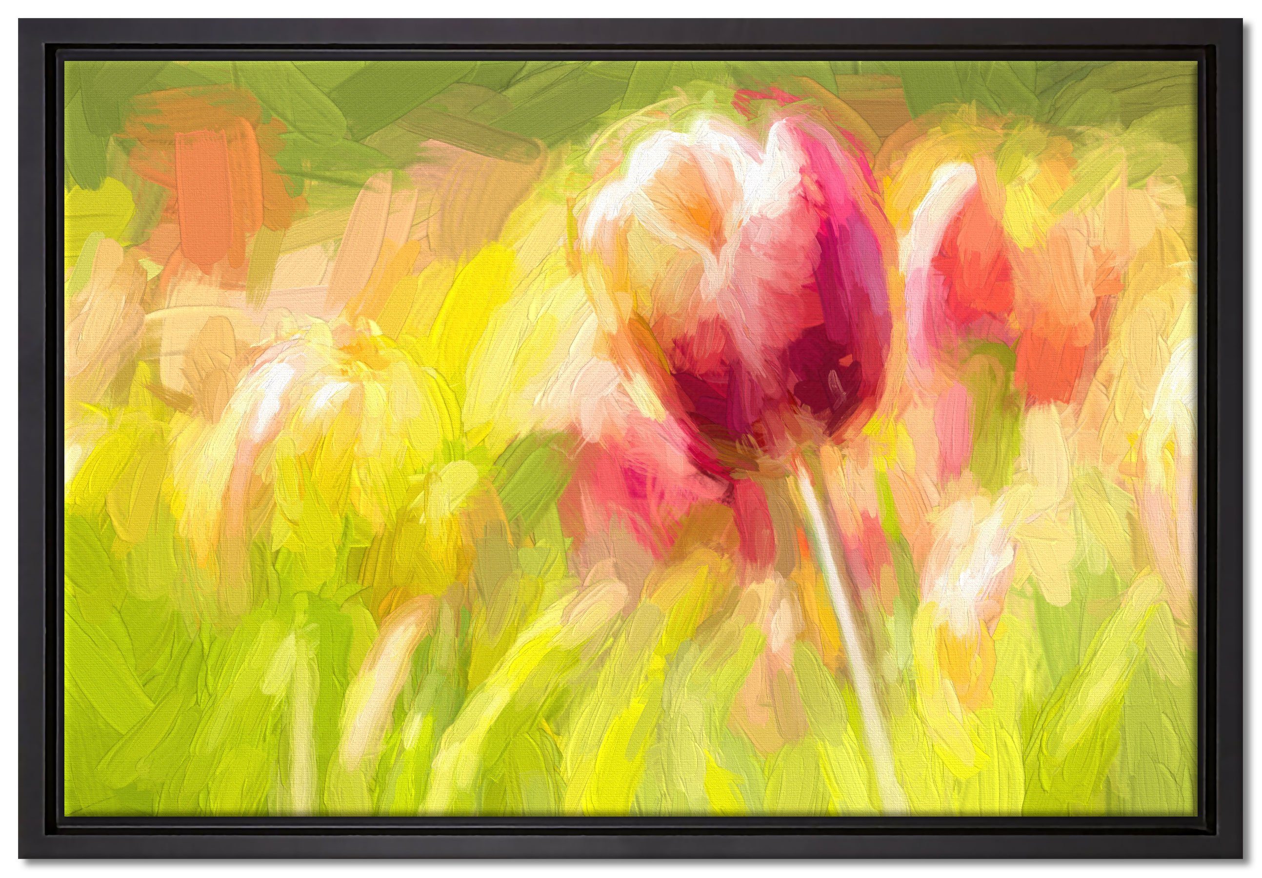 Pixxprint in einem Kunst, Tulpen Zackenaufhänger gefasst, rote bespannt, Leinwandbild inkl. (1 Leinwandbild Blühende St), Wanddekoration Schattenfugen-Bilderrahmen fertig