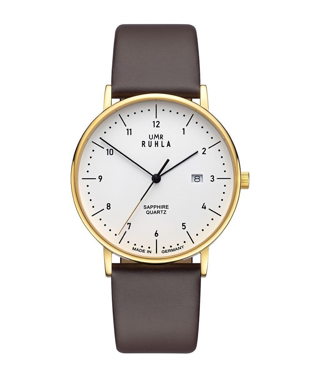 UMR Ruhla Quarzuhr Herren Classic 30442-BR IP Gold Weiß Lederband Braun Saphirglas 39 mm