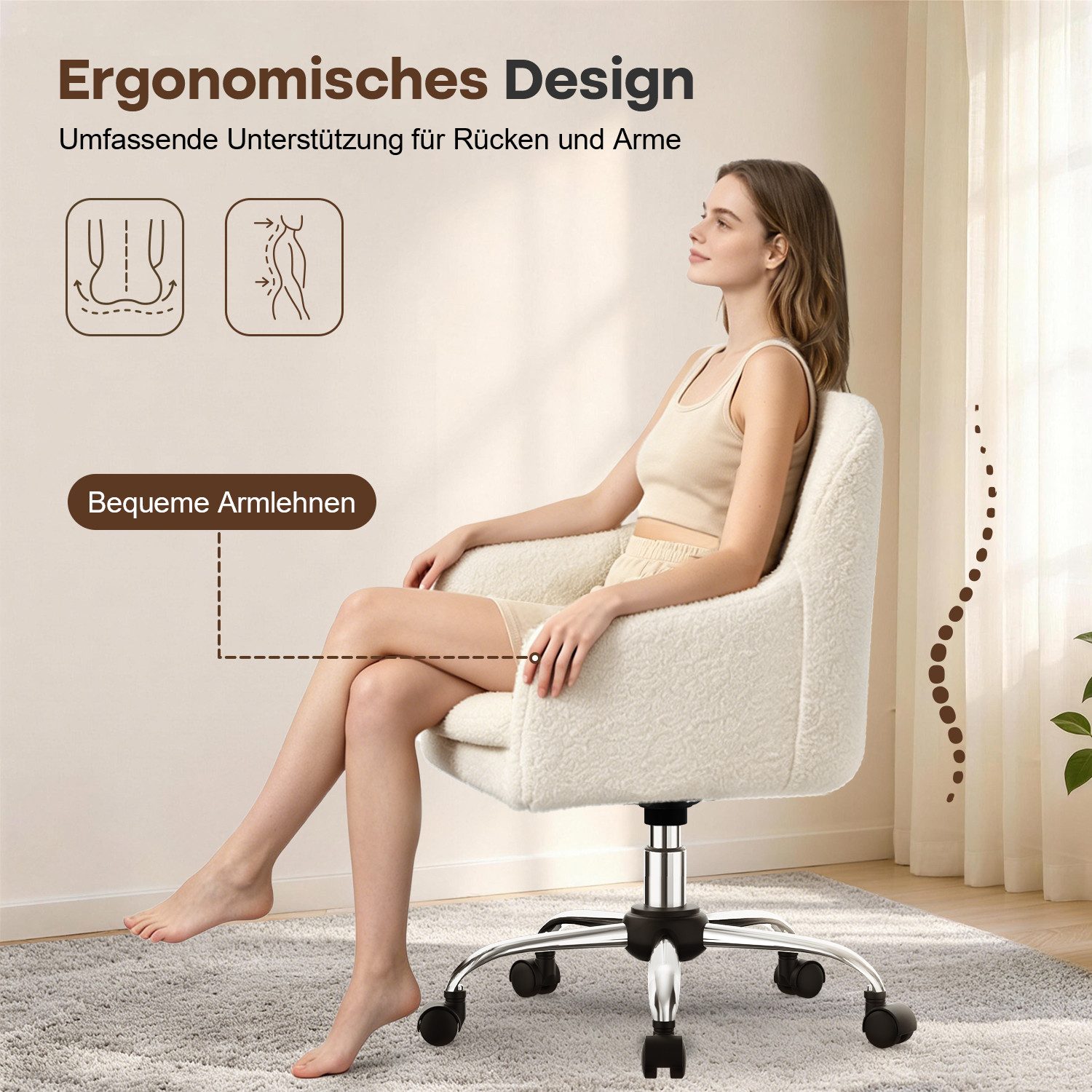 Adormii Bürostuhl Schminkstuhl,Homeoffice Stuhl mit Armlehnen,Drehstuhl mit Rrollen (Schreibtischstuhl,Boucle-Gewebe,höhenverstellbar,für Schminktisch,Arbeitszimmer, Schlafzimmer,150kg)