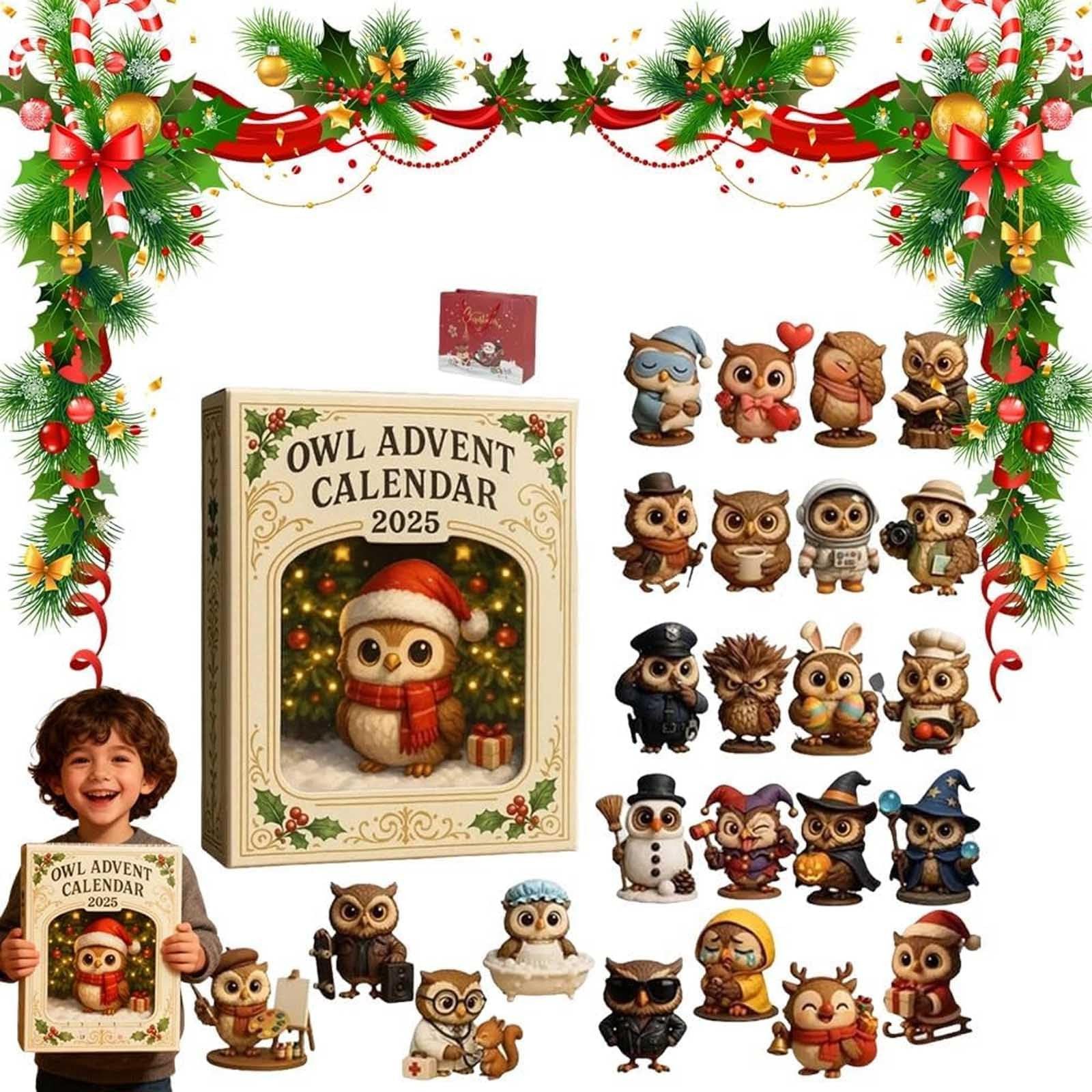 CLTYQ Adventskalender Eulen-Adventskalender 2025, 24-tägiger Weihnachtskalender, 24 Geschenke mit Mini-Eulenfiguren, Eulen-Überraschungsanhänger