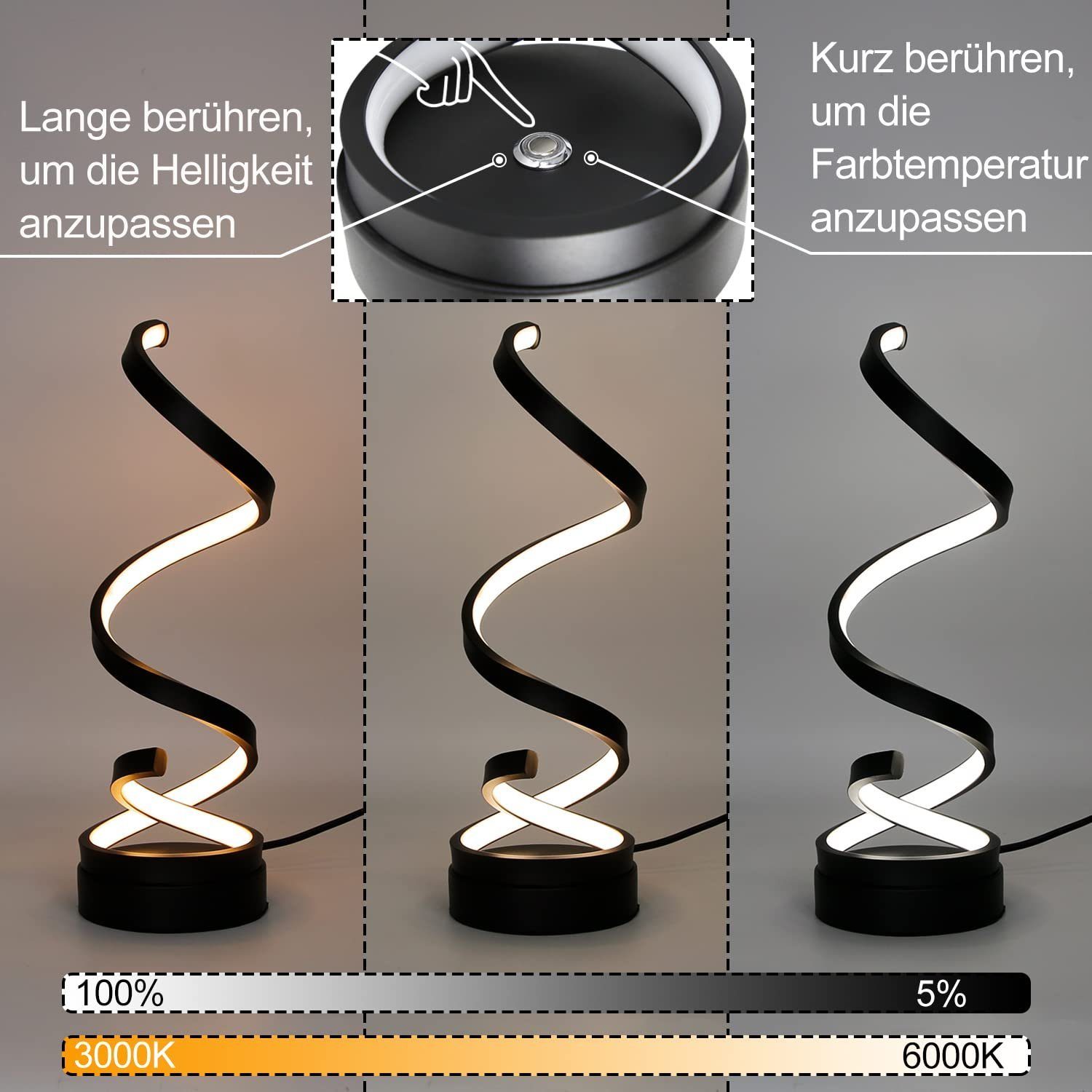 ZMH LED Tischleuchte Nachttischlampe Spiralförmig, integriert, warmweiß-kaltweiß, LED Berührungsschalter, fest Modern 12W Wohnzimmer Schwarz Dimmbare