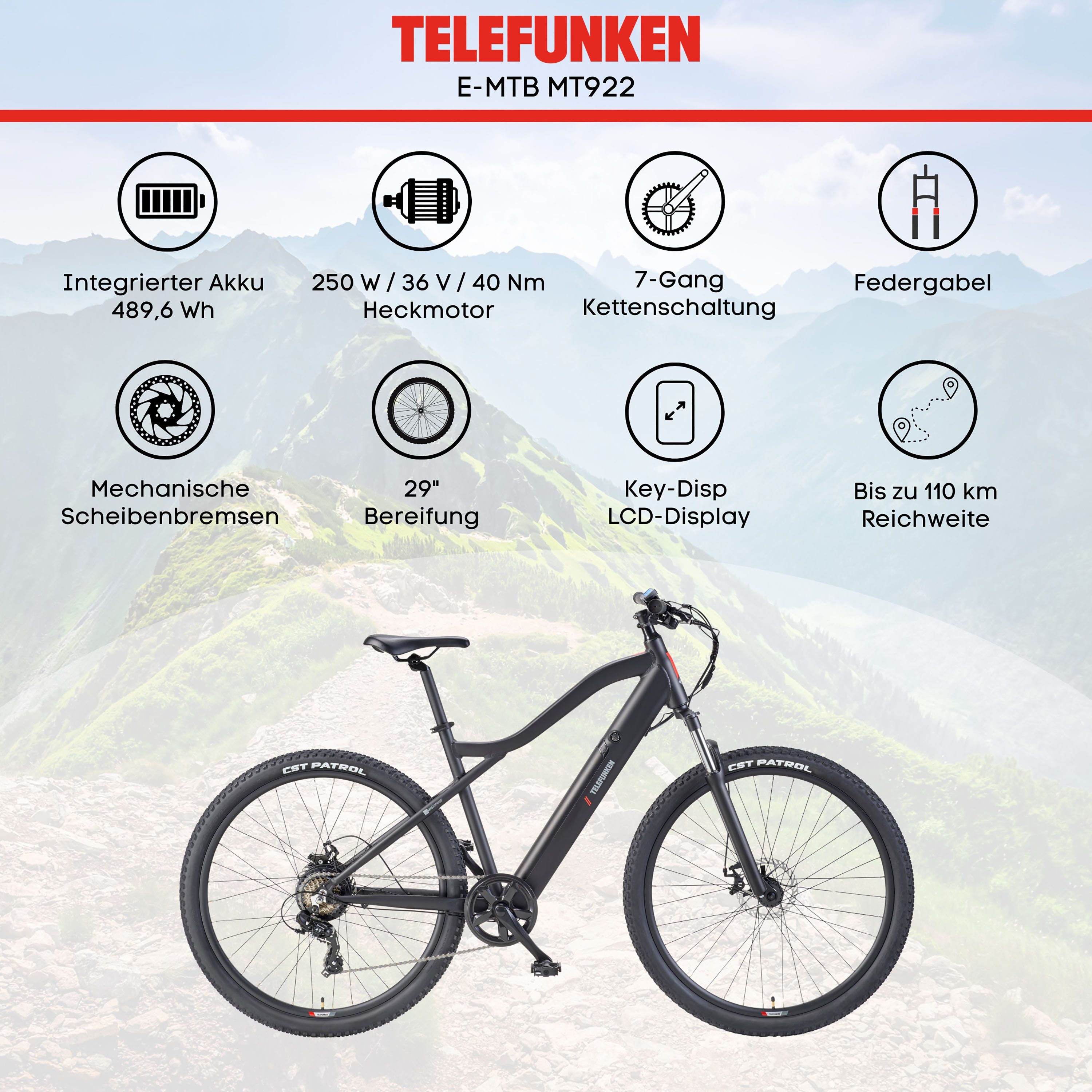 Telefunken E-Bike Mountainbike Aufsteiger MT922, 7 Gang Shimano TY300D Schaltwerk, Kettenschaltung, Heckmotor, 489,6 Wh, Pedelec, Elektrofahrrad, Damen u. Herre – Bild 4 von 5