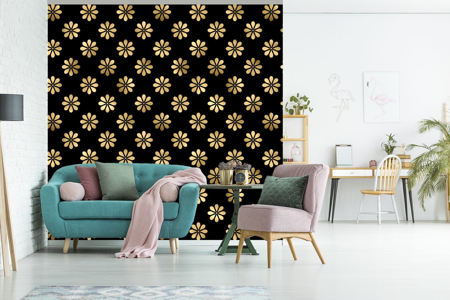 oder Tapete Wandtapete Schlafzimmer, (5 - Matt, Muster St), MuchoWow bedruckt, Gold, Wohnzimmer für Vinyl - Blumen Fototapete