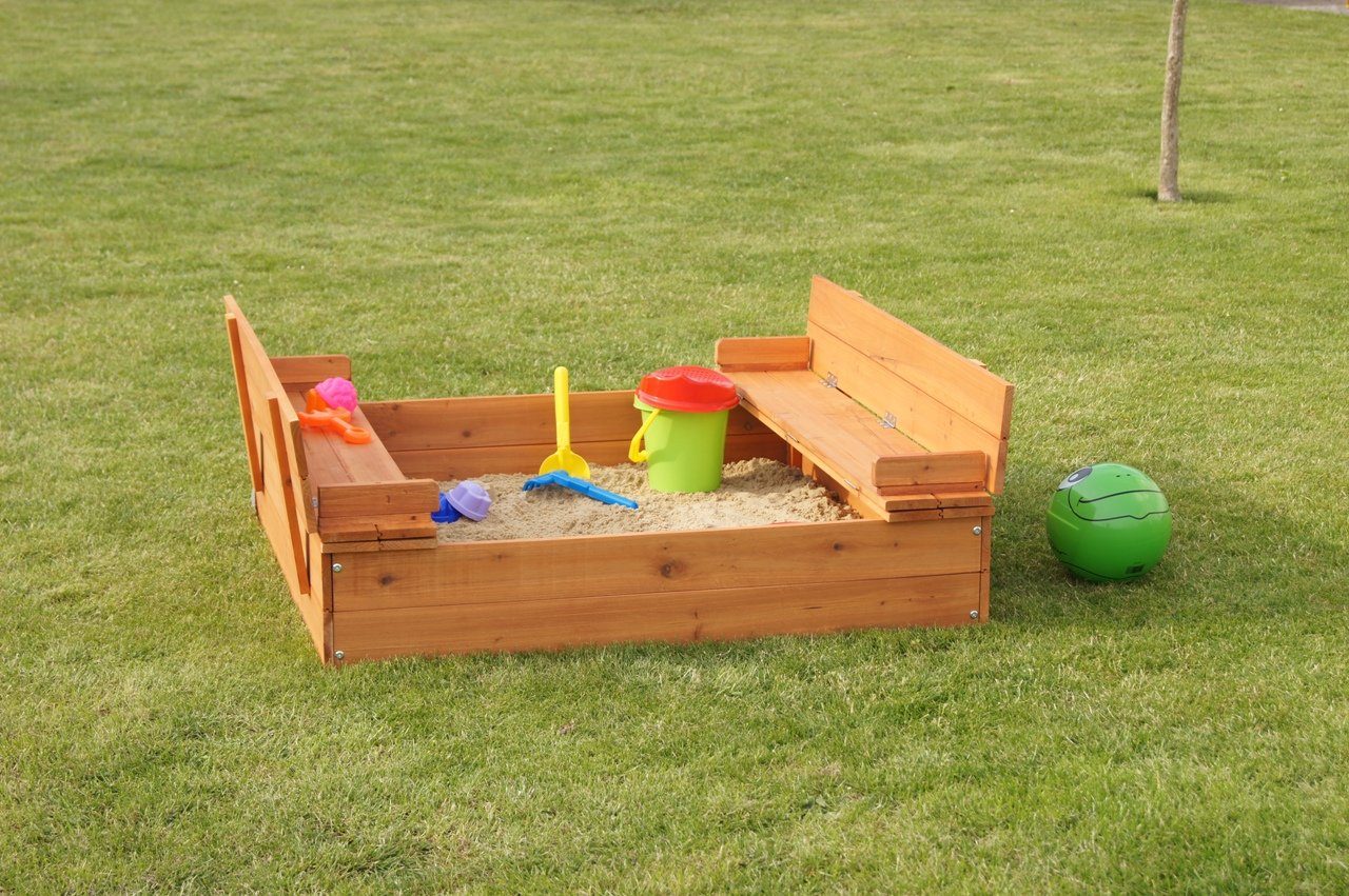 metra-direkt Sandkasten Massivholz Sandkasten mit Deckel - 100x100cm - Sitzbänke