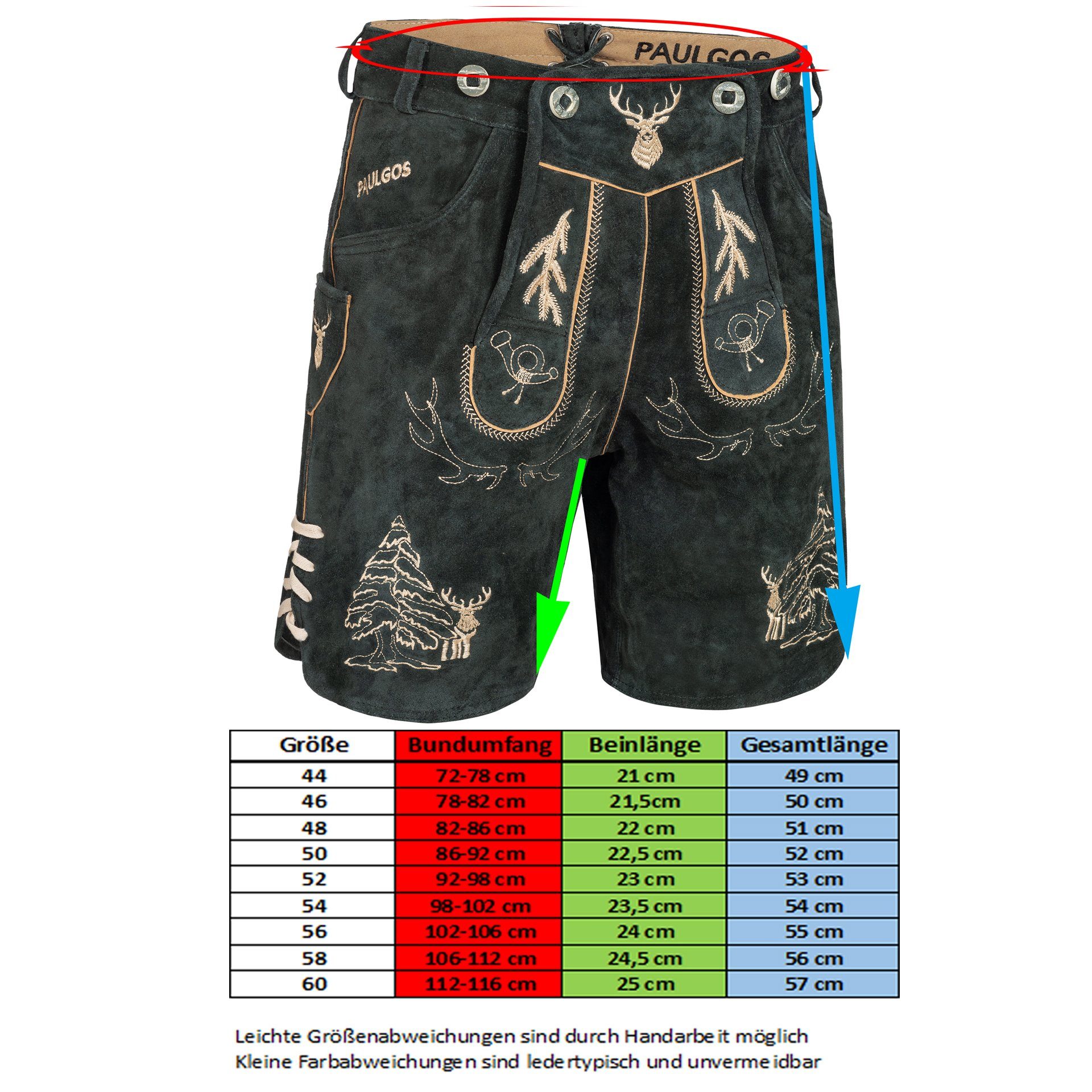 PAULGOS Trachtenhose Herren Lederhose Kurz mit Trägern 100% Echtleder - HK5