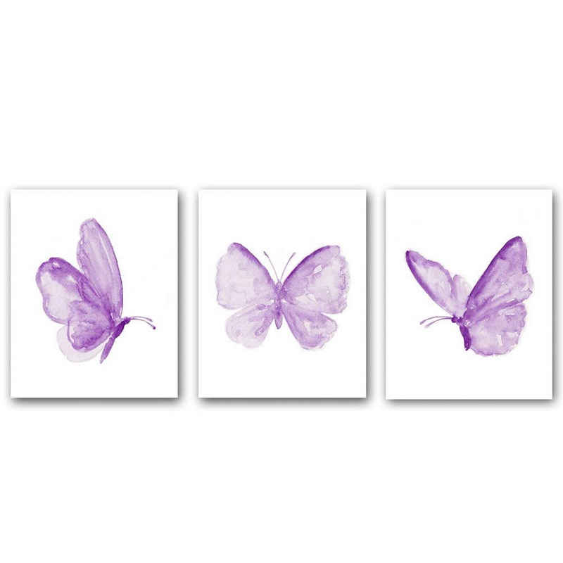 Housruse Poster »3er-Set–Schmetterling-Wandkunstdrucke, Poster mit violettem Schmetterling, Wandkunst, Leinwand-Poster (20,3 x 25,4 cm)«, (3 St)