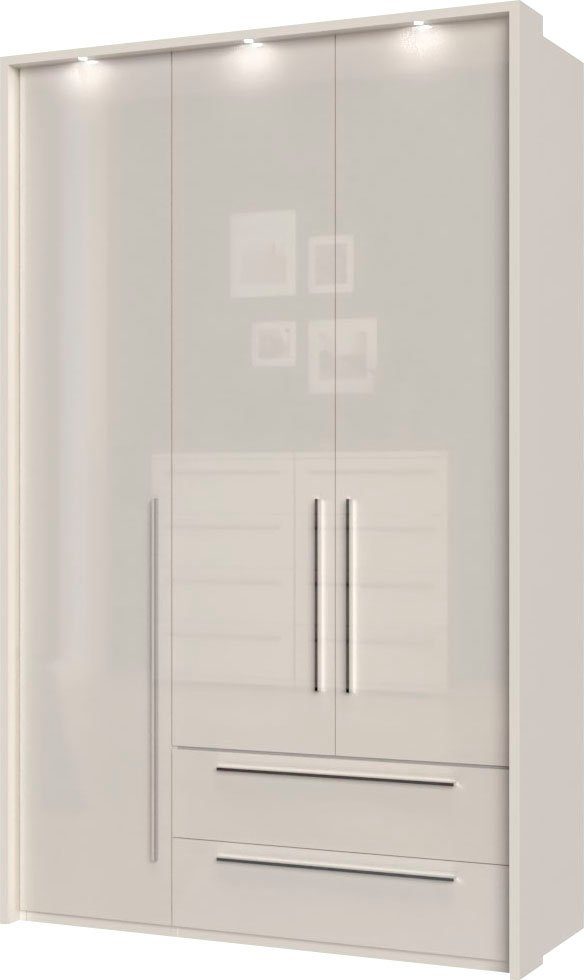 Places of Style Drehtürenschrank Piano, inklusive Rahmen und Beleuchtung, soft-close-Funktion (viele Breiten zur Auswahl, 226cm hoch, mit jeweils 2 Schubladen) beige oder weiß, UV lackiert, Hochglanzfronten, FSC-zertifiziert. Reduzierter Preis € 843,18. Unverbindliche Preisempfehlung € 1.283,00