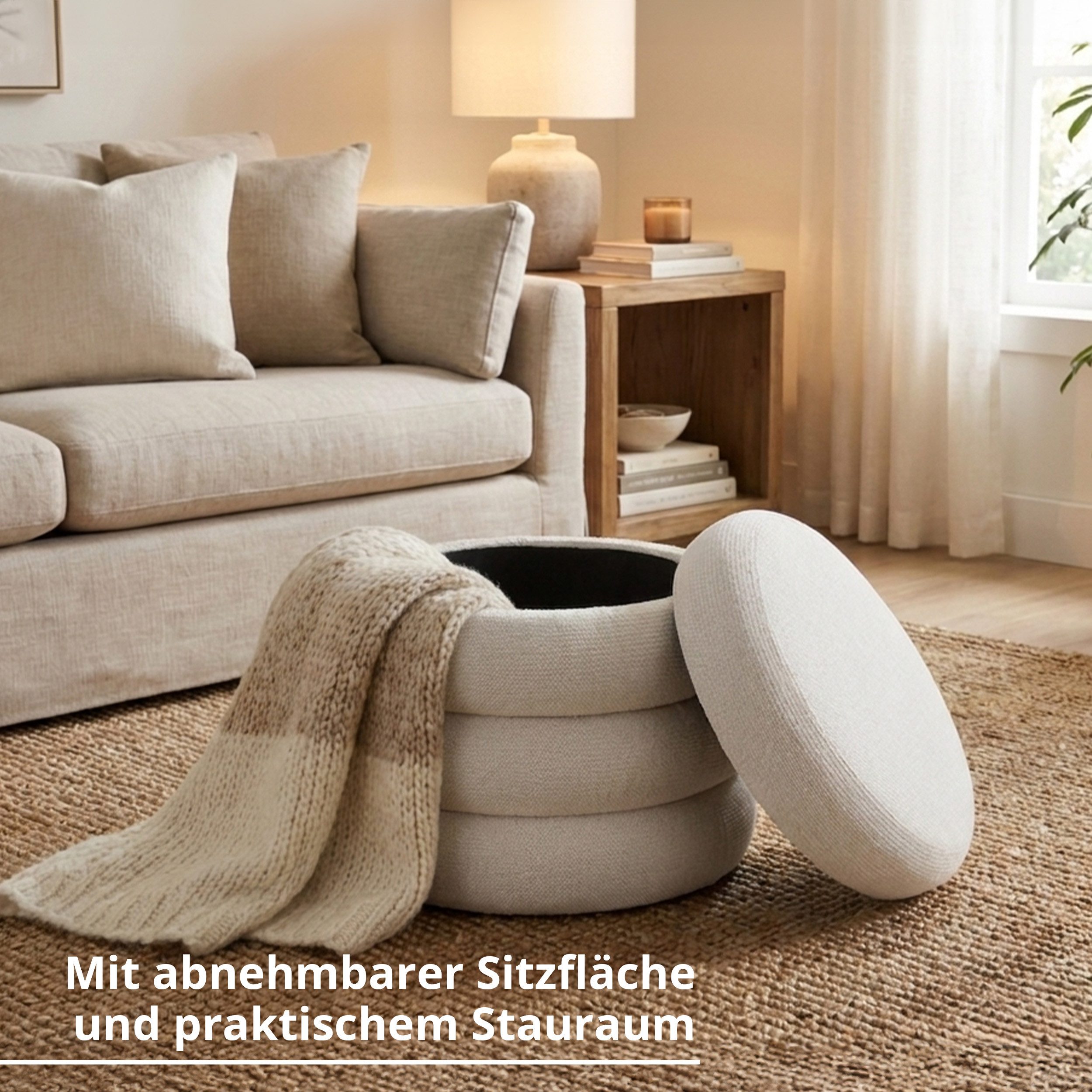 KHG Polsterhocker Sitzhocker mit Stauraum 43 x 43 cm, Webstoff Creme (Indoor-Hocker), Sitzfläche abnehmbar, Hocker mit Stauraum, bis 110 kg belastbar – Bild 3 von 5