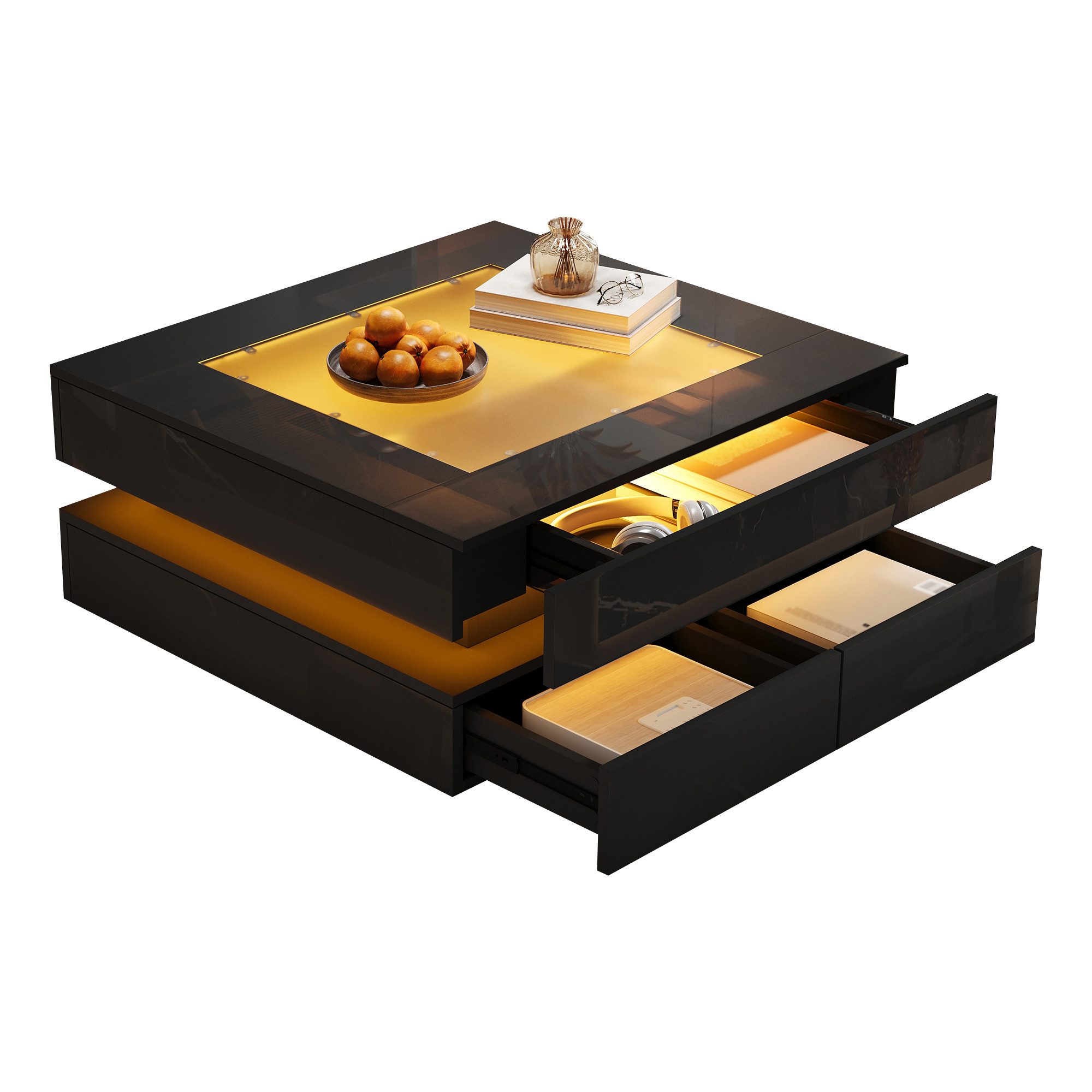 Merax Couchtisch hochglanz Sofatisch Beistelltisch mit LED-Beleuchtung (1-St), Wohnzimmertisch mit Glasplatte und 3 Schubladen, 70x70x35cm