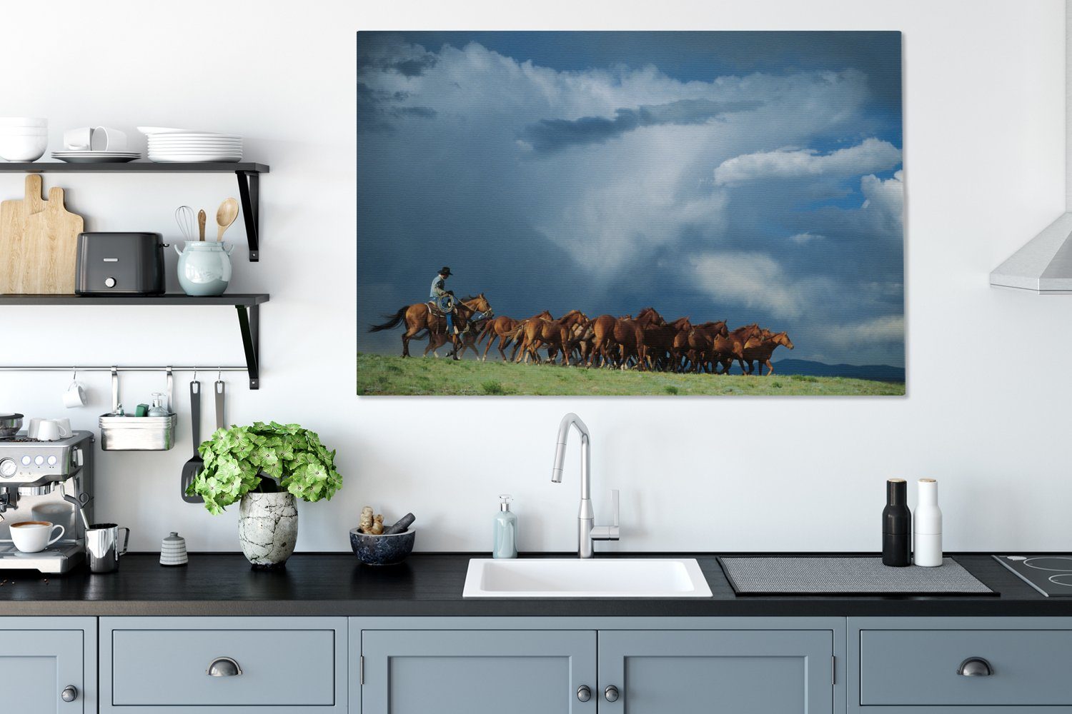 OneMillionCanvasses® Leinwandbild Pferde XXL, Cowboy cm Luft, großes, alle (1 Wohnbereiche, - Gemälde, St), 120x80 Wandbild für 
