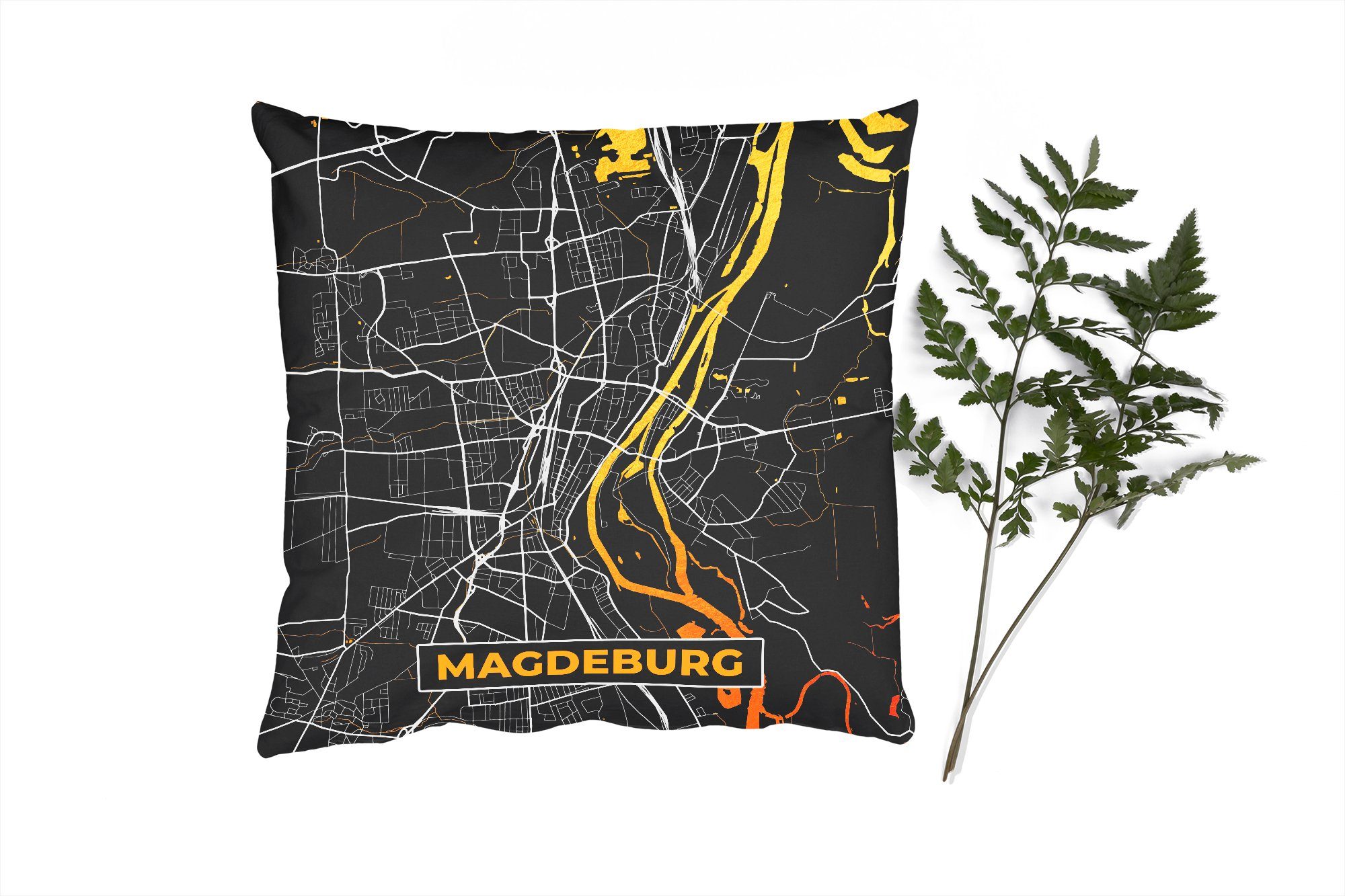 MuchoWow Dekokissen Magdeburg - Stadtplan - Deutschland - Karte - Gold, Zierkissen mit Füllung für Wohzimmer, Schlafzimmer, Deko, Sofakissen
