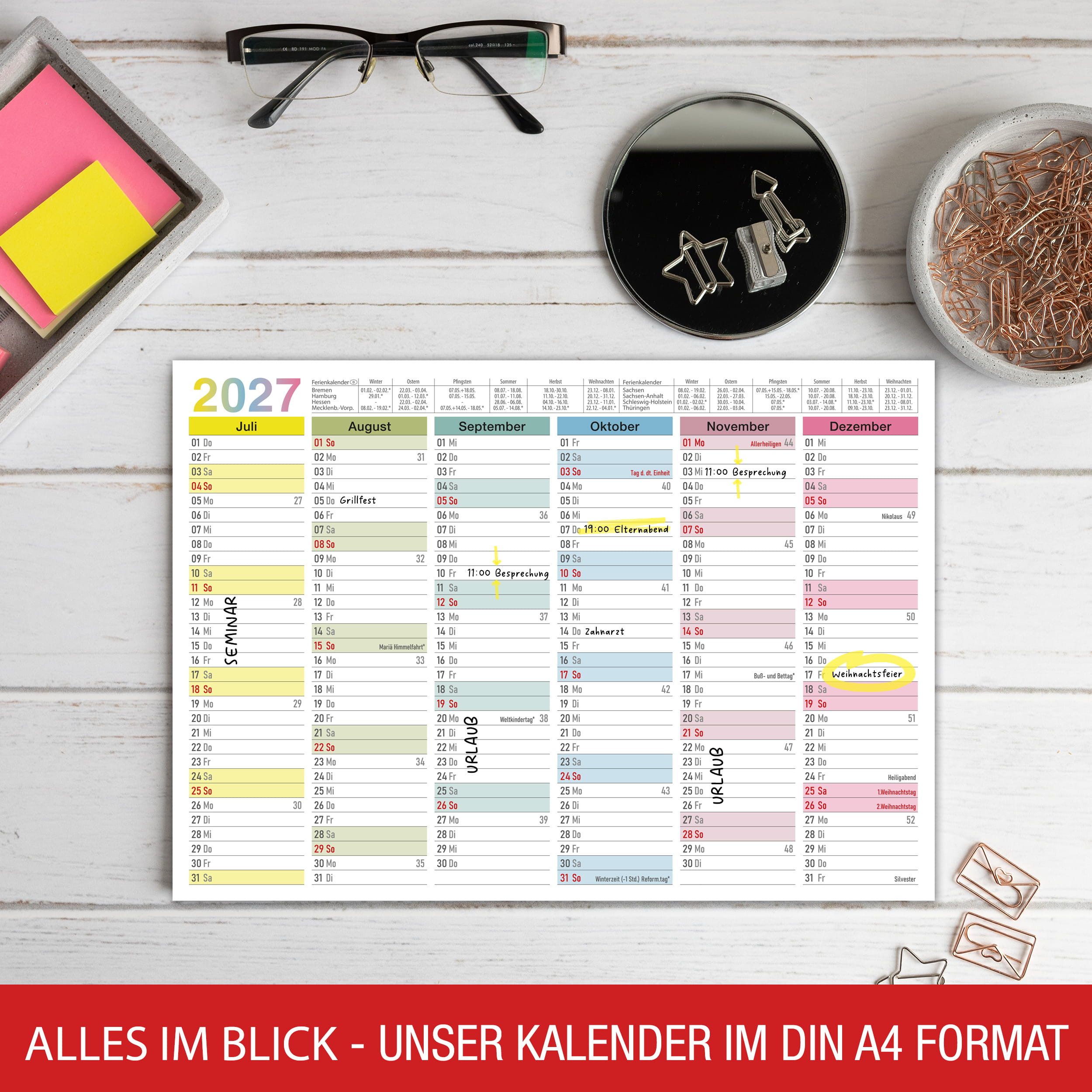 TOBJA Wandkalender Tafelkalender 2027 Bunt DIN A4 3er Set Halbjahreskalender Familie, 350g Papier, Pastellfarben, Ferien & Feiertage, Kalenderwochen, A4
