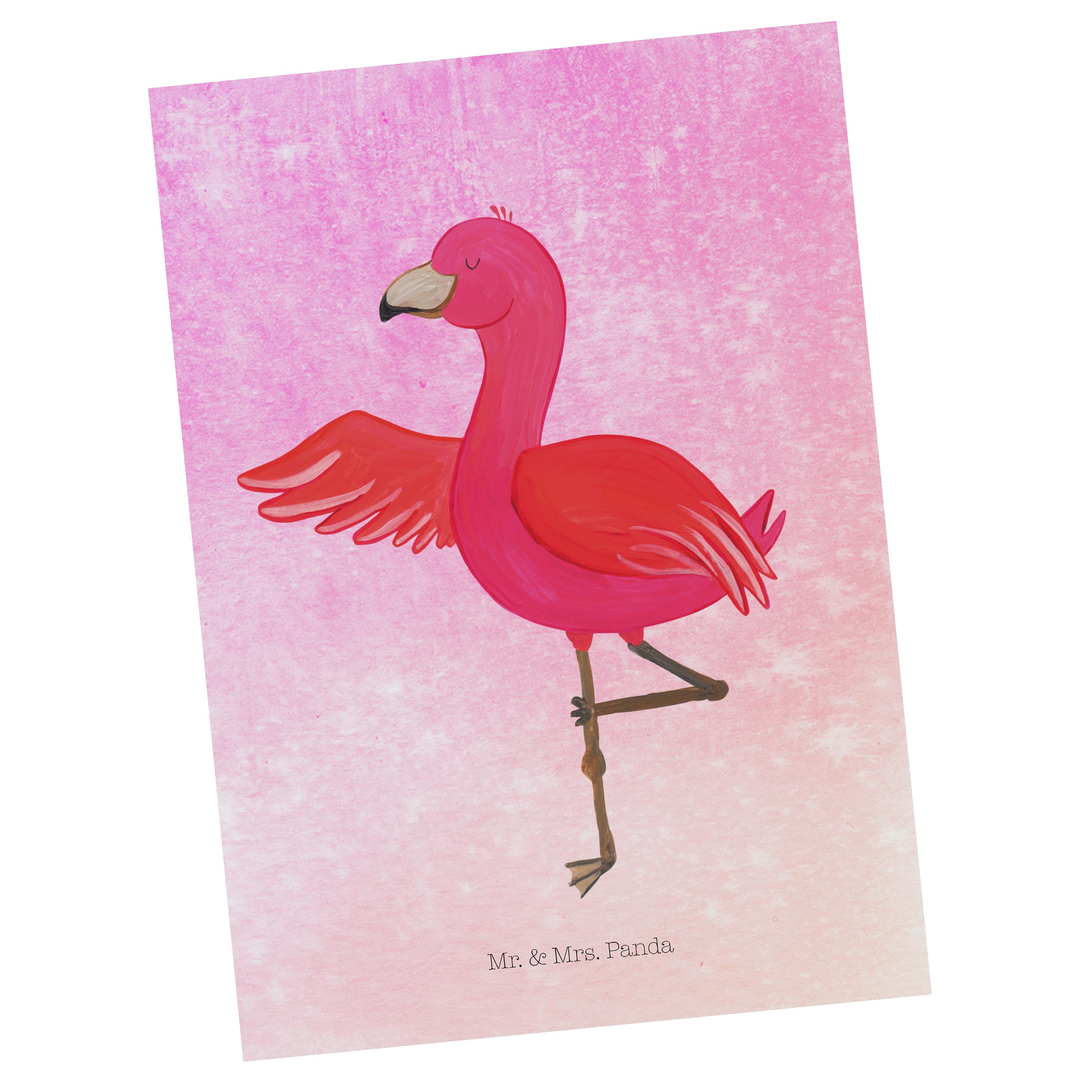 Mr. & Mrs. Panda Postkarte Flamingo Yoga - Aquarell Pink - Geschenk, Yoga-Übung, Ansichtskarte