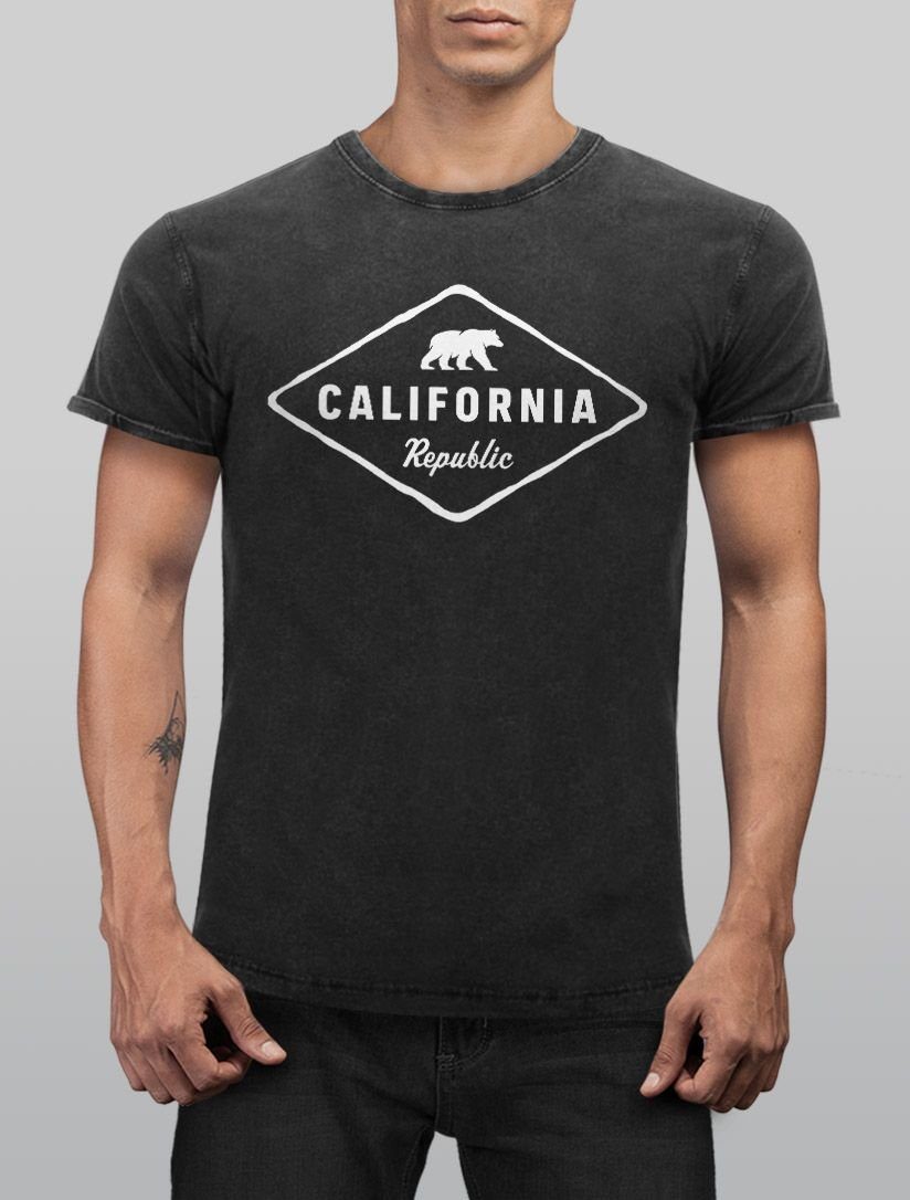 Neverless Print-Shirt Herren Vintage Shirt Sunshine mit schwarz Printshirt Bär Neverless® State Print Republic Aufdruck T-Shirt California Bear USA Badge