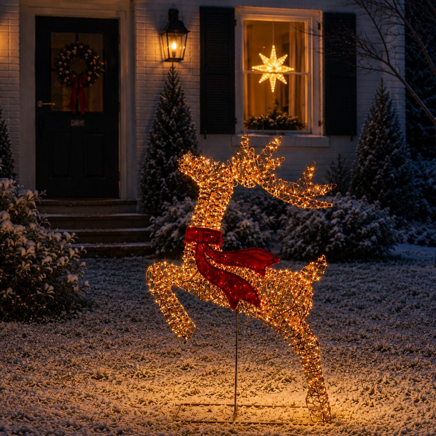 Online-Fuchs LED Dekofigur großer Hirsch mit Folie und LED-Lichterkette - Weihnachtsdeko outdoor, ruhiges Dauerleuchten oder Flasheffekt wählbar, 720 warmweiße LEDs, praktische 6-Stunden Timerfunktion - mit Netzkabel