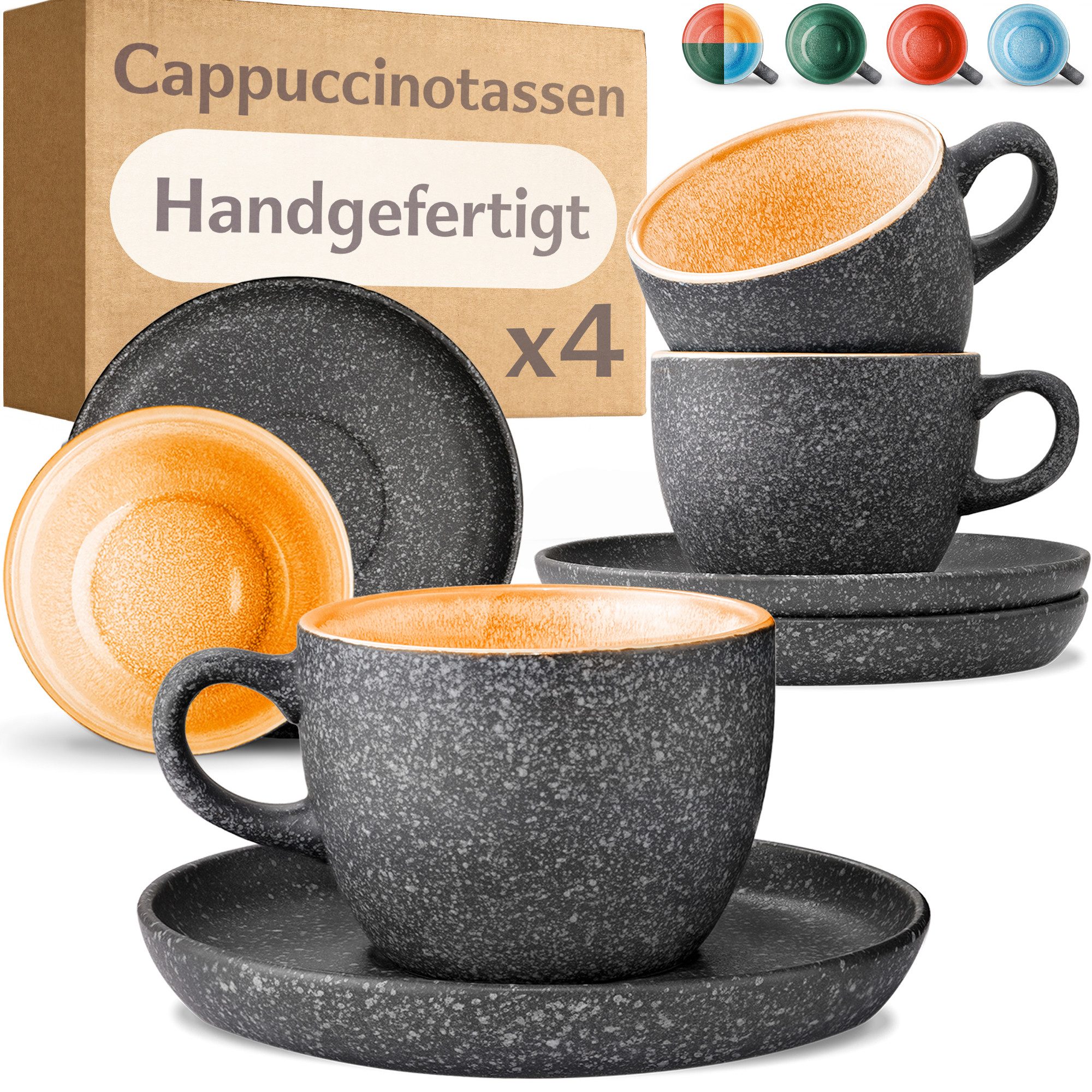 Cosumy Cappuccinotasse Cappuccino Tassen mit Untertassen 4er Set gelb, 8-tlg., Keramik, Warm